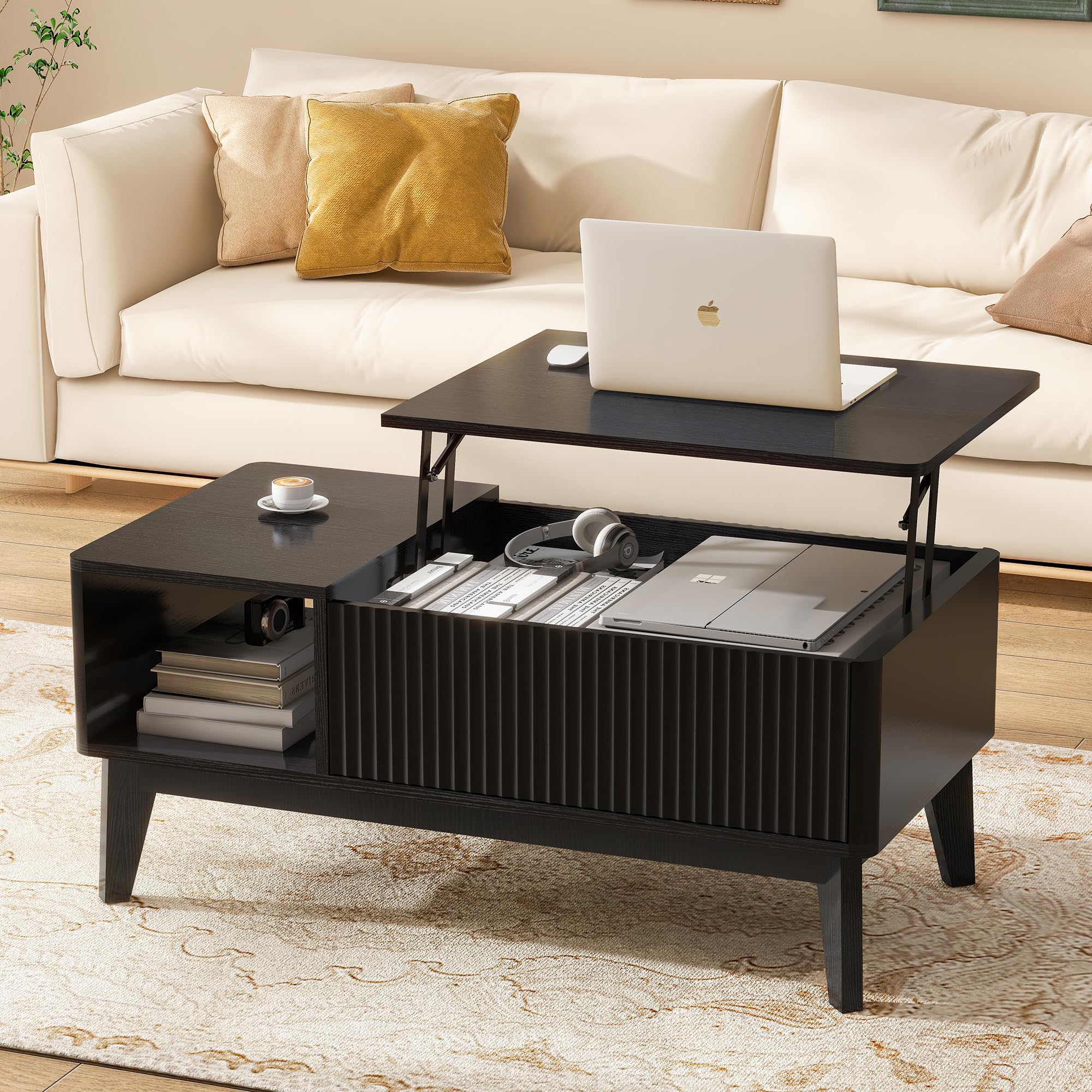 LYNCOHOME Fluted Coffee Table with Hidden Compartment Wood Lift Top Coffee Tables Modern Center Table for Living Room