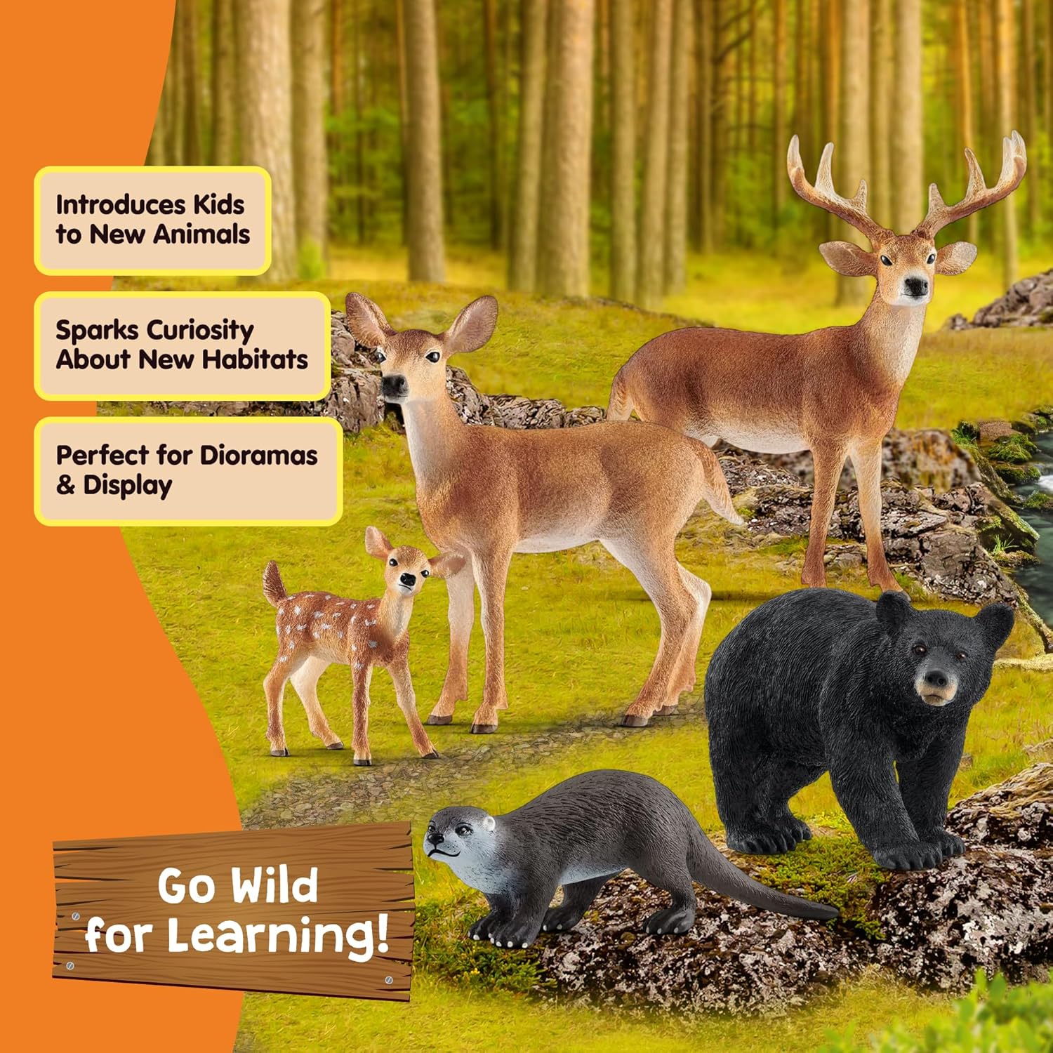 Schleich Wild Life - 5 PC North American Wildlife Animal Toy Figurine Bundle - Includes Realistic Buck, Doe, Fawn, Otter and Black Bear Toys for Boys and Girls - Forest Figures for Kids Ages 3+