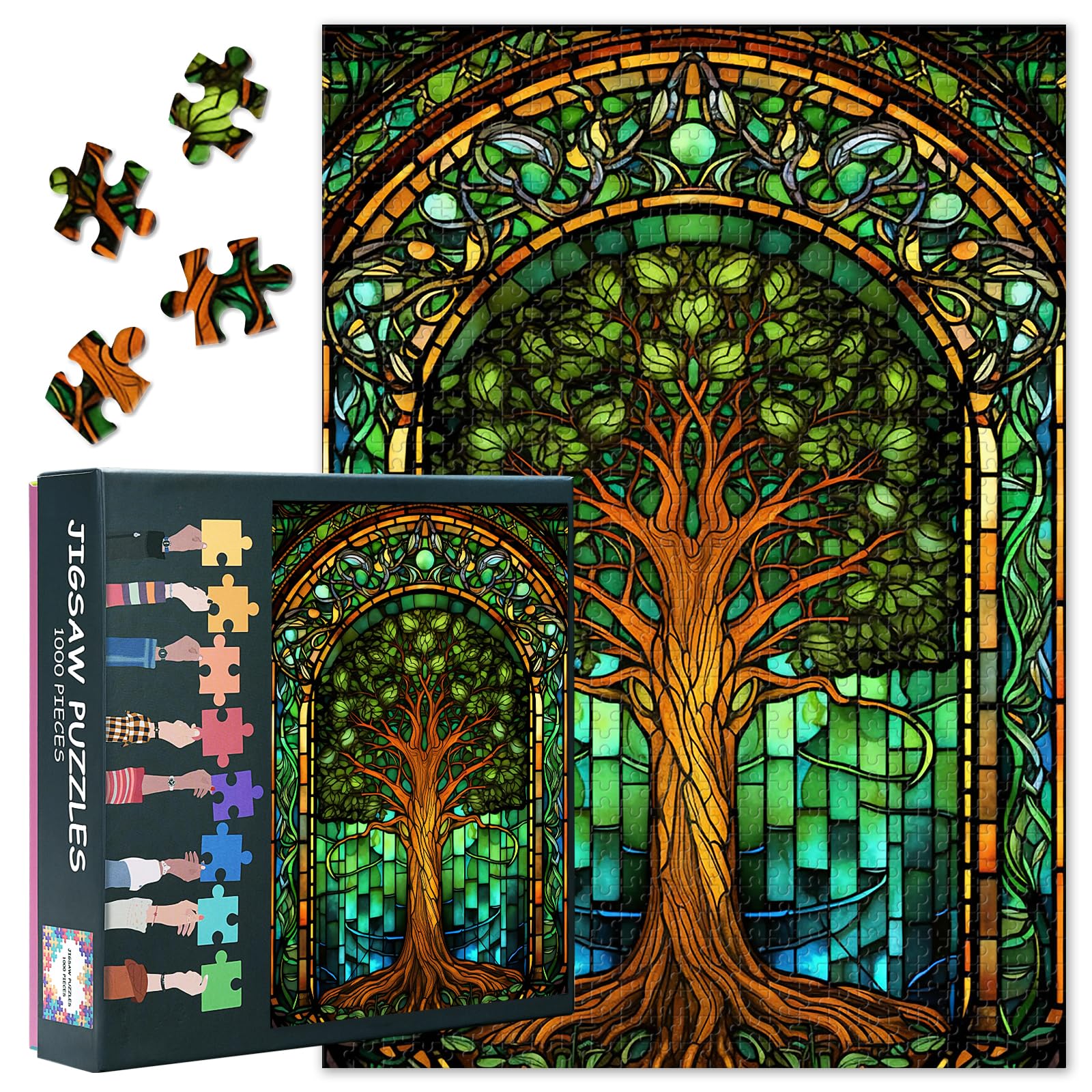 Jigsaw Puzzles for Adults 1000 Stained Glass Tree of Life, Difficult Challenging Puzzles for Adults Fantasy Green Art, Family Educational Game & Unique Living Room Decor Gift (27.5"x19.7")