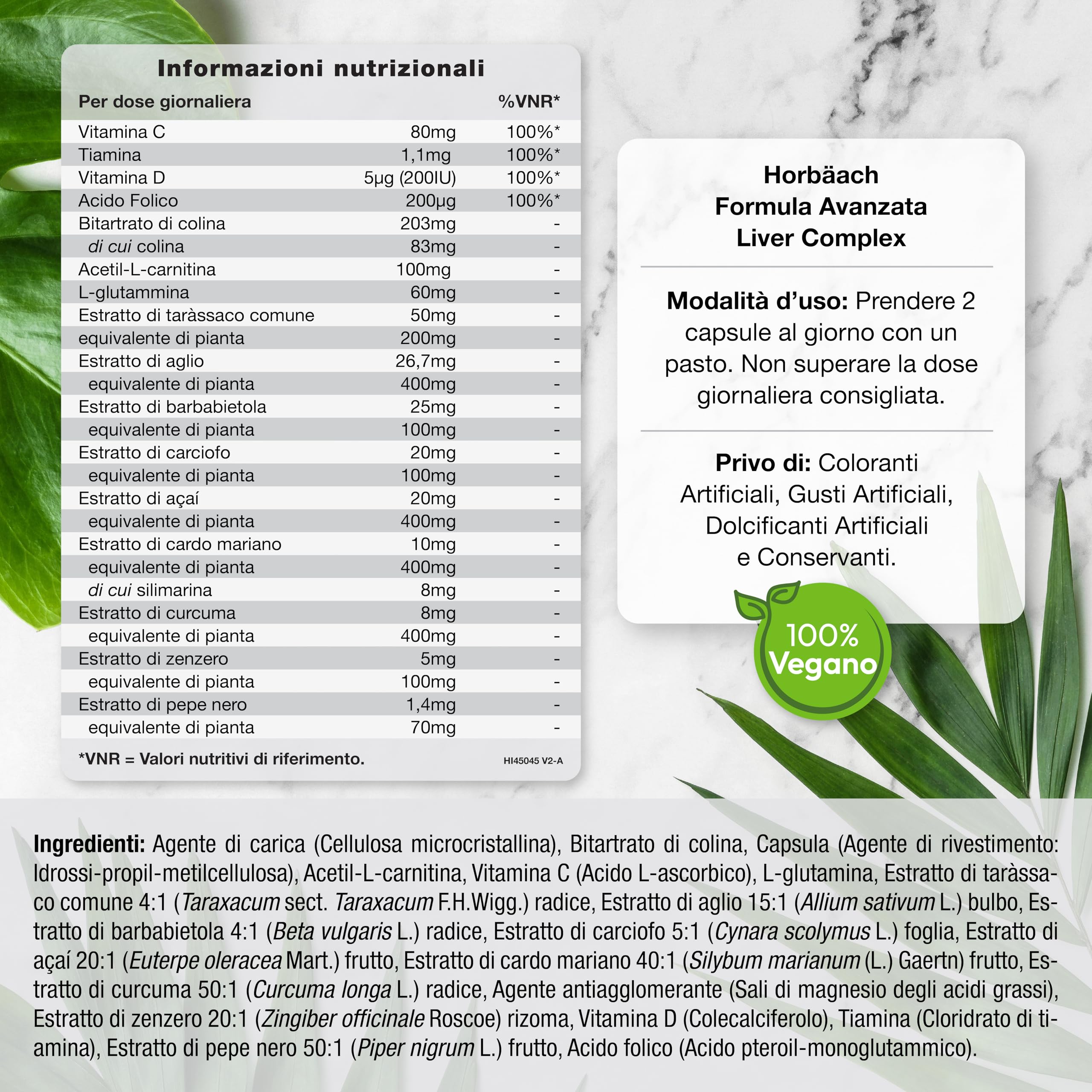 Liver Complex | con Cardo Mariano, Estratto di Carciofo, Radice di Tarassaco, Curcuma, Vitamina C, D e Altro | 120 Capsule Vegane | Integratore Depurativo Fegato | Funzione Epatica | Horbaach