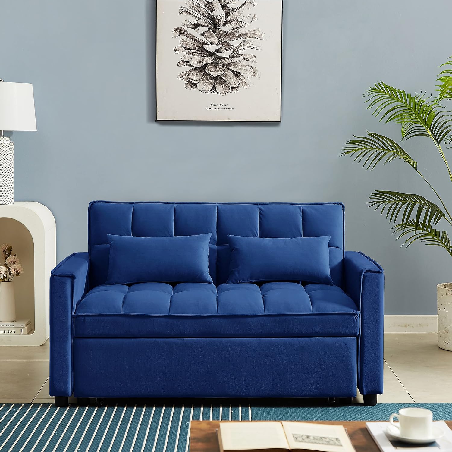 Modern Velvet Loveseat Sleeper Sofa Couch with Pull out Bed,Convertible Sleeper Sofa Bed with 2 Lumbar Pillows,Pockets and Adjustable Backrest, 2 Seater Sofa For Small Living Room (Blue/Sofa#P)