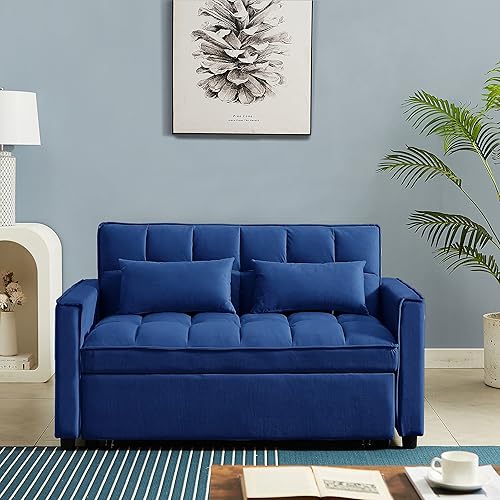 Miniatura 3 de Moderno sofá biplaza de terciopelo con cama extraíble, sofá cama convertible con 2 almohadas lumbares, bolsillos y respaldo ajustable, sofá de 2