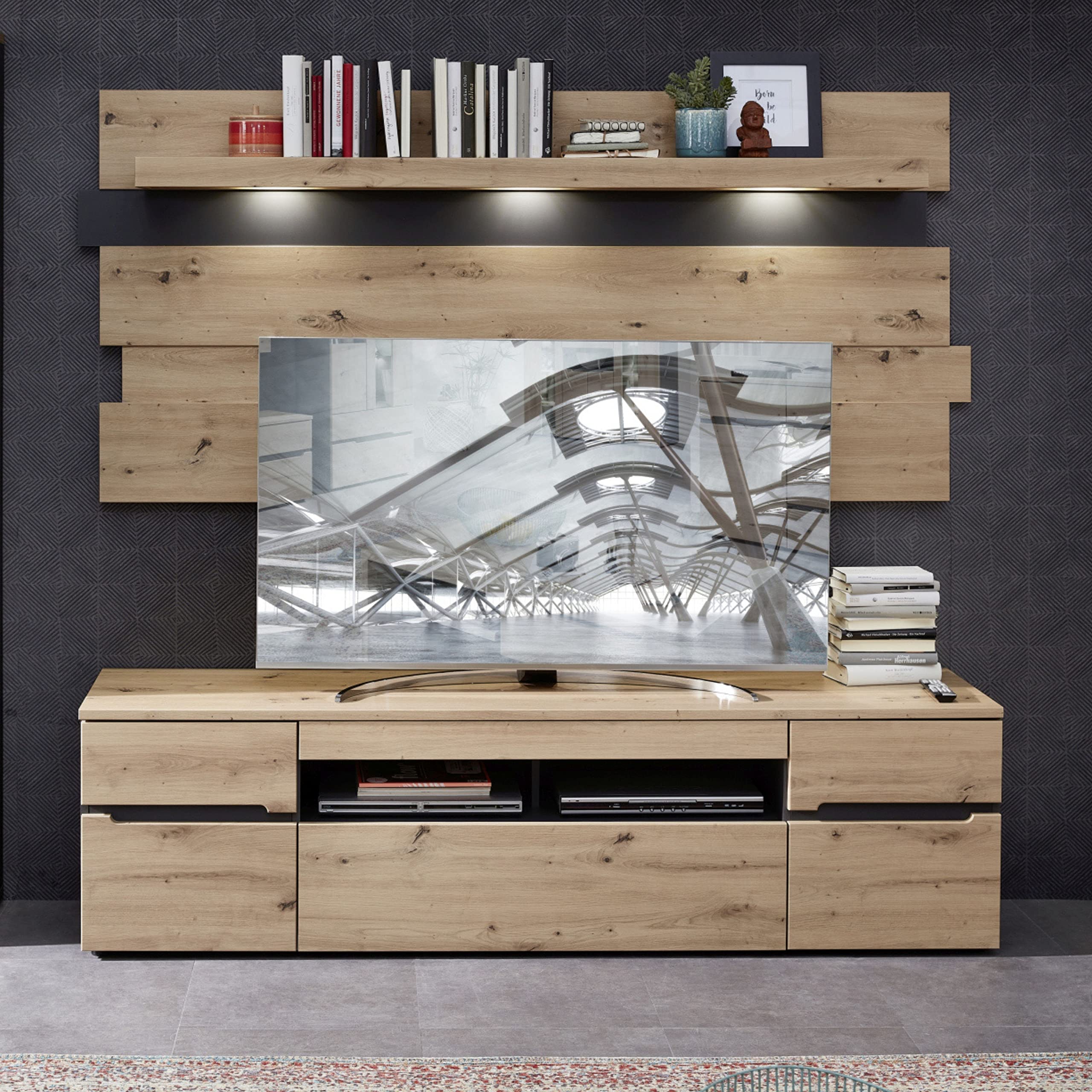 Stella Trading MEMPHIS TV-Lowboard in Artisan Eiche Optik, Graphit - Moderner TV Schrank mit Schublade und viel Stauraum für Ihr Wohnzimmer - 192 x 53 x 47 cm (B/H/T)