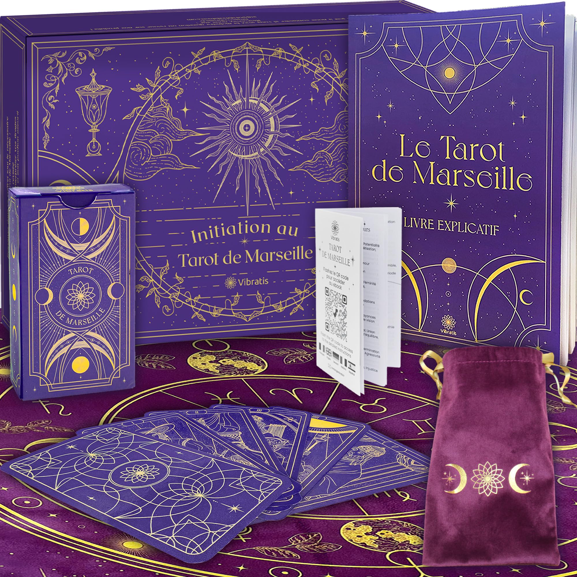 Vibratis Caja de iniciación al Tarot de Marsella: Tarot adivinatorio + Libro de 205 páginas + Mantel adivinatorio y bolsillón. Ideal para Principiantes