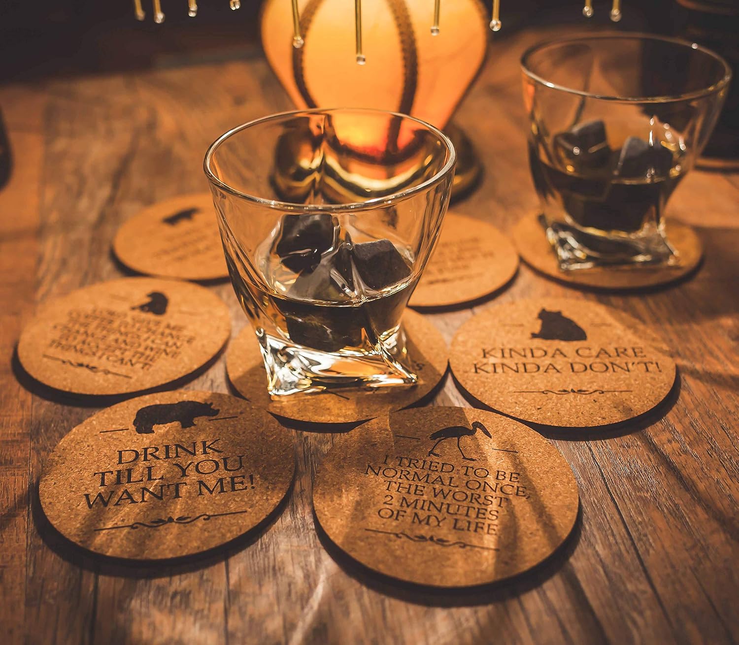 Funny Party Cork Bar Coasters [8 Pack] Double Sided Laser Engraved with 16 Sayings. Have Fun for Birth Day Man Woman Colleague Office Coffee Mug Beer Drinking Glass (Funny Style - 2)