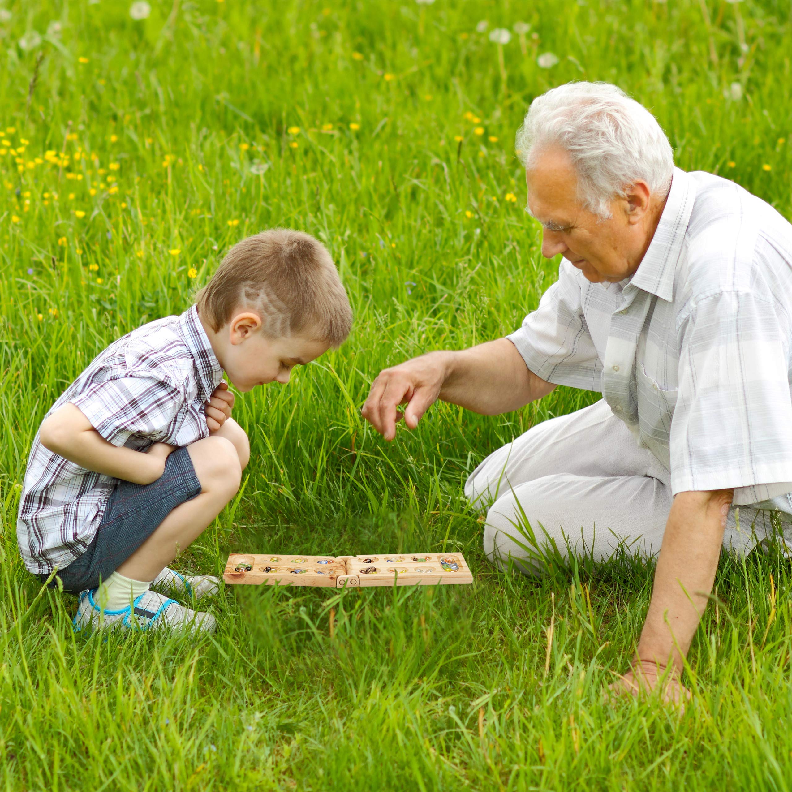 relaxdays Mancala Kalah, Gioco da Tavolo Kalaha, 48 Pietre Colorate, 2 Giocatori, Bambini e Adulti, in Legno, Naturale