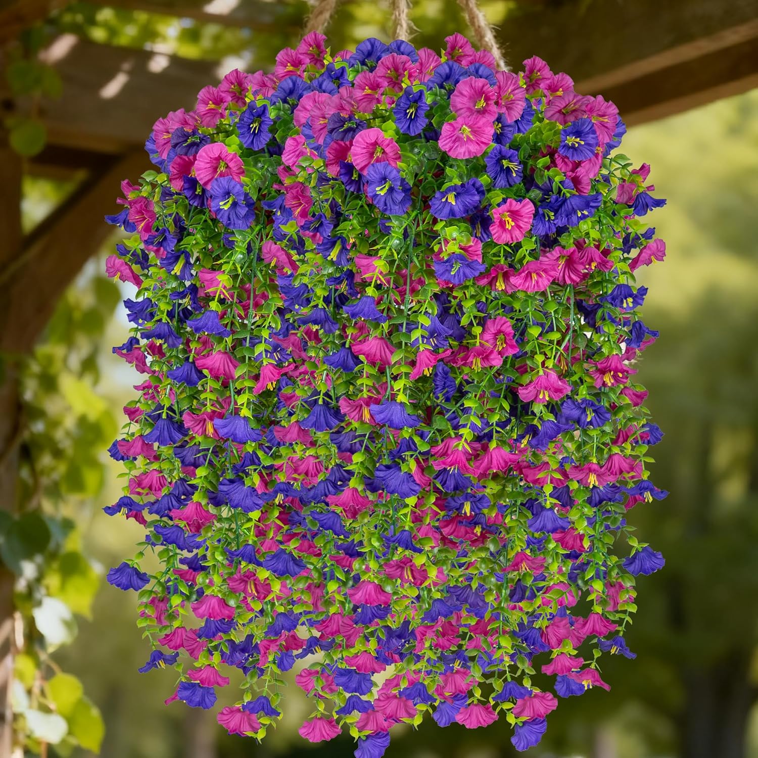 Artificial Faux Hanging Flowers Plants for Outdoors Outside Spring Summer Decoration,4 PCS Morning Glory Fake Flowers UV Resistant Silk for Planter Front Porch Patio Yard Balcony Home（Purple Fuchsia）