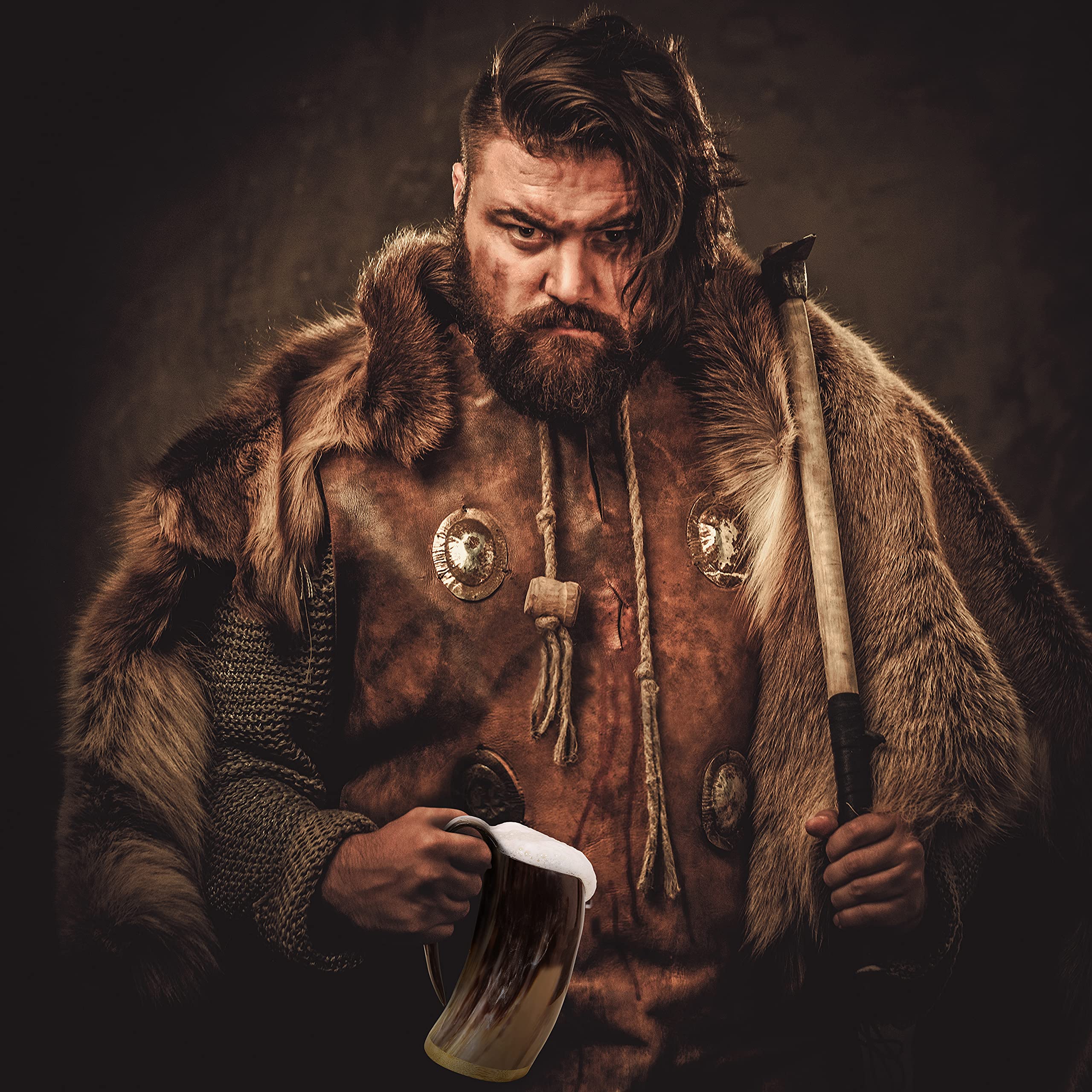 Boccale da birra in autentico corno vichingo, bicchierino, apribottiglie e sottobicchiere (set da 4 pezzi) | Boccale da birra medievale autentico | Sacco di iuta incluso