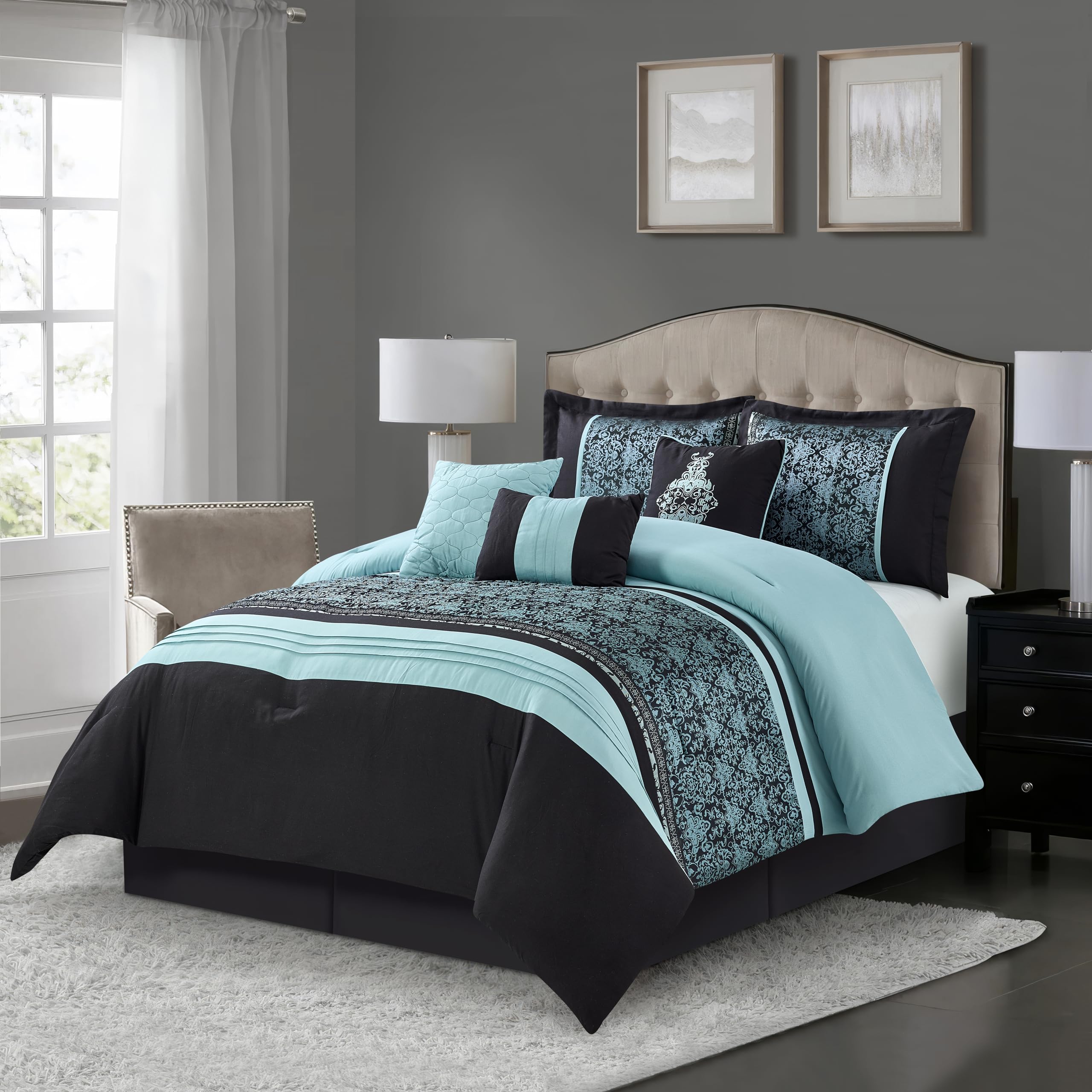 Damask 7 Piece Comforter Set, California King, Aqua/Black Ultra-Soft Bedding