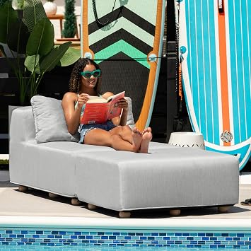 Jaxx Vada Outdoor Sun Lounger Luxury Modular Chaise & Ottoman with Sunbrella Fabric & Waterproof Cover - Sunbrella Granite