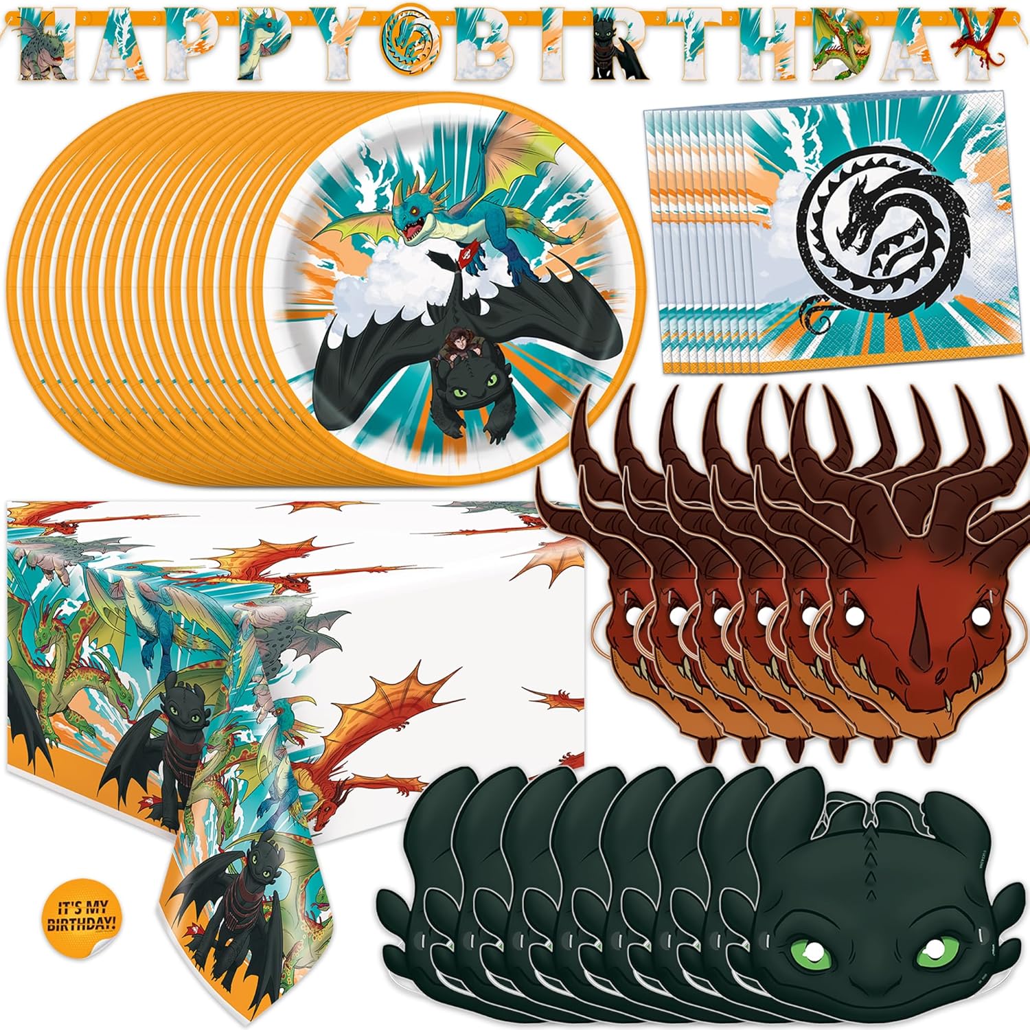 How to Train Your Dragon Party Supplies & Decorations | Banner, Tablecloth, Character Masks, Plates, Napkins, Sticker | Officially Licensed