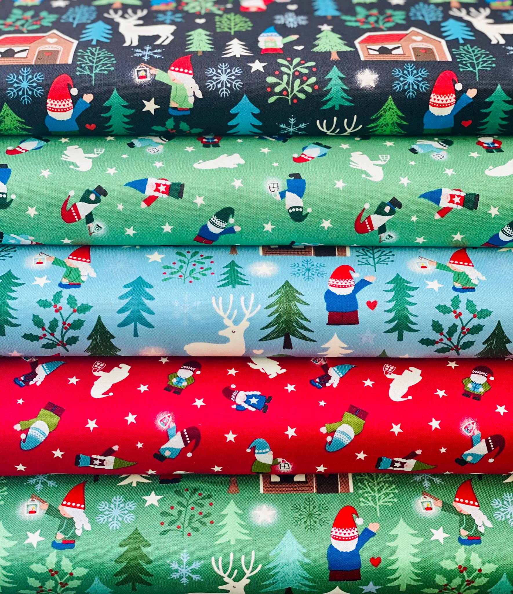 Simply Sew Crafty Gnomes - Pack Of 5 Hygge Christmas Fat Quarters Bundle - Lewis & Irene - 100% Quality Cotton Poplin Fabric Bundles - Sewing Quilting Bunting Dress Fabric - Simply Sew Crafty™ (Gnomes - Pack Of 5)
