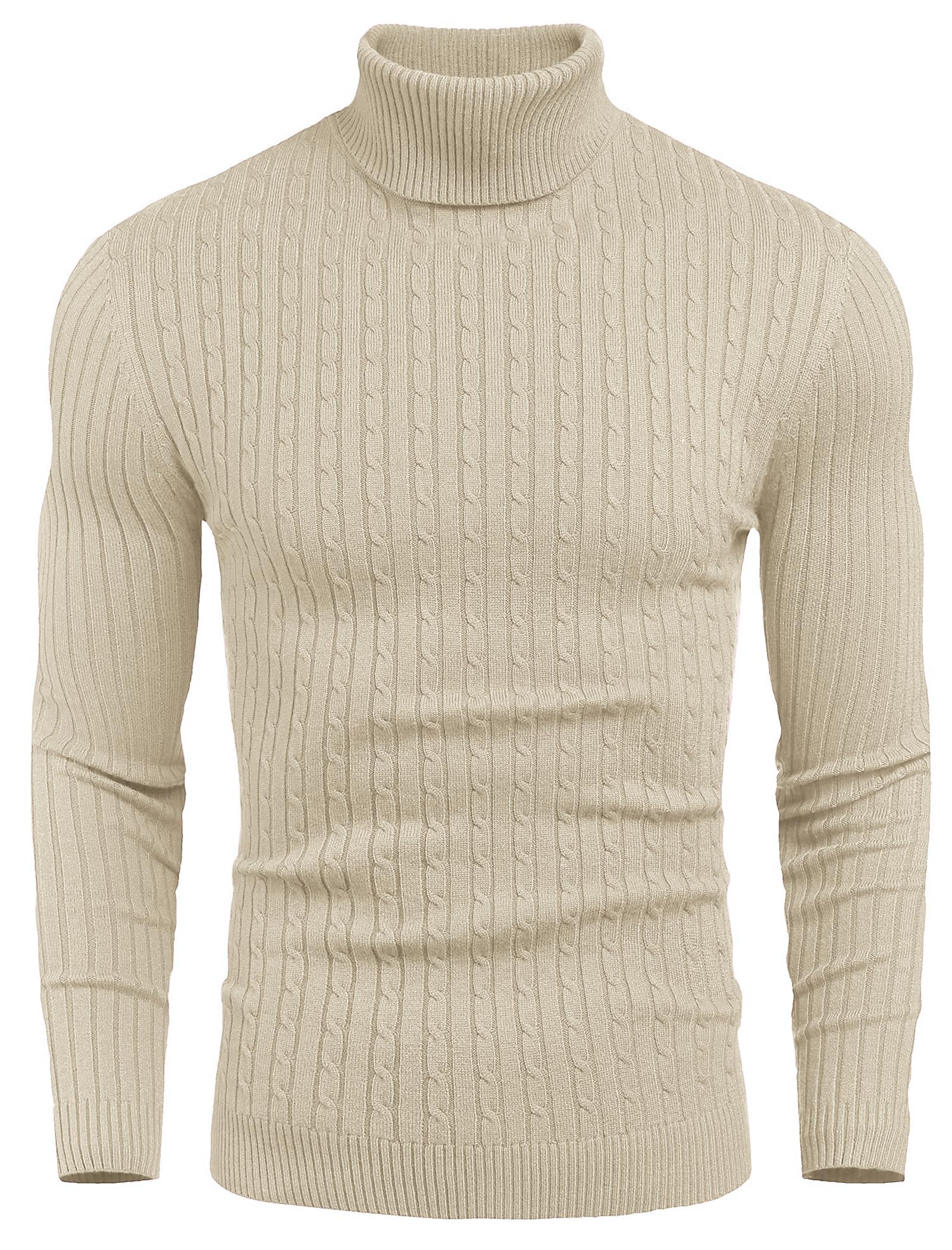 Coofandy, maglione da uomo slim fit, a collo alto, casual, con motivo a torsione, Khaki chiaro , S