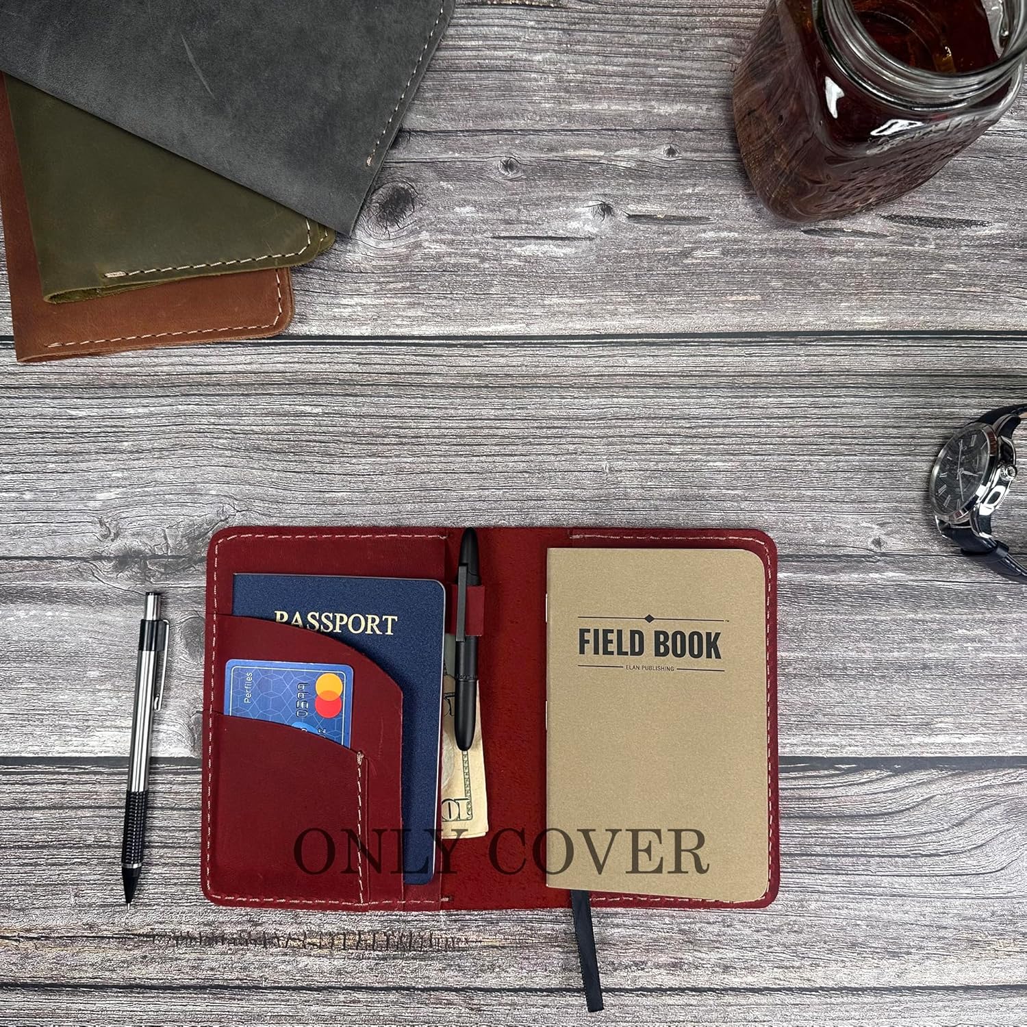 Thot Ra Leather Cover for Field Notes, Passport Cover, Leather Notebook Cover for 3.5" x 5.5" with Pen Holder, Only Cover (Red)
