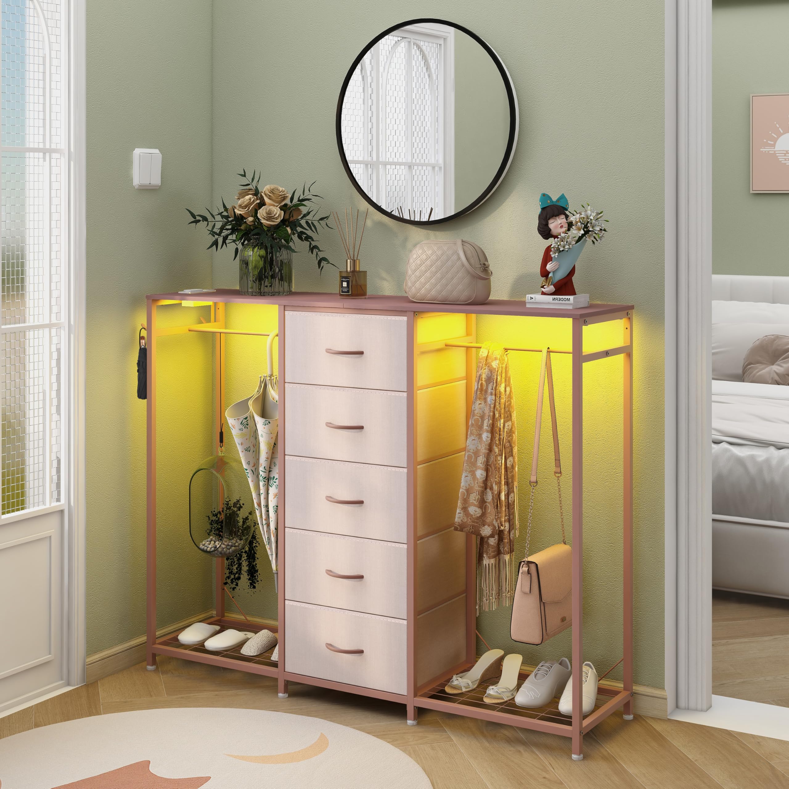Cómoda para dormitorio con perchero, cómoda de 5 cajones con estación de carga, luces LED, cómoda blanca, estante flexible y espacio de almacenamiento abierto para dormitorio, sala de estar 2