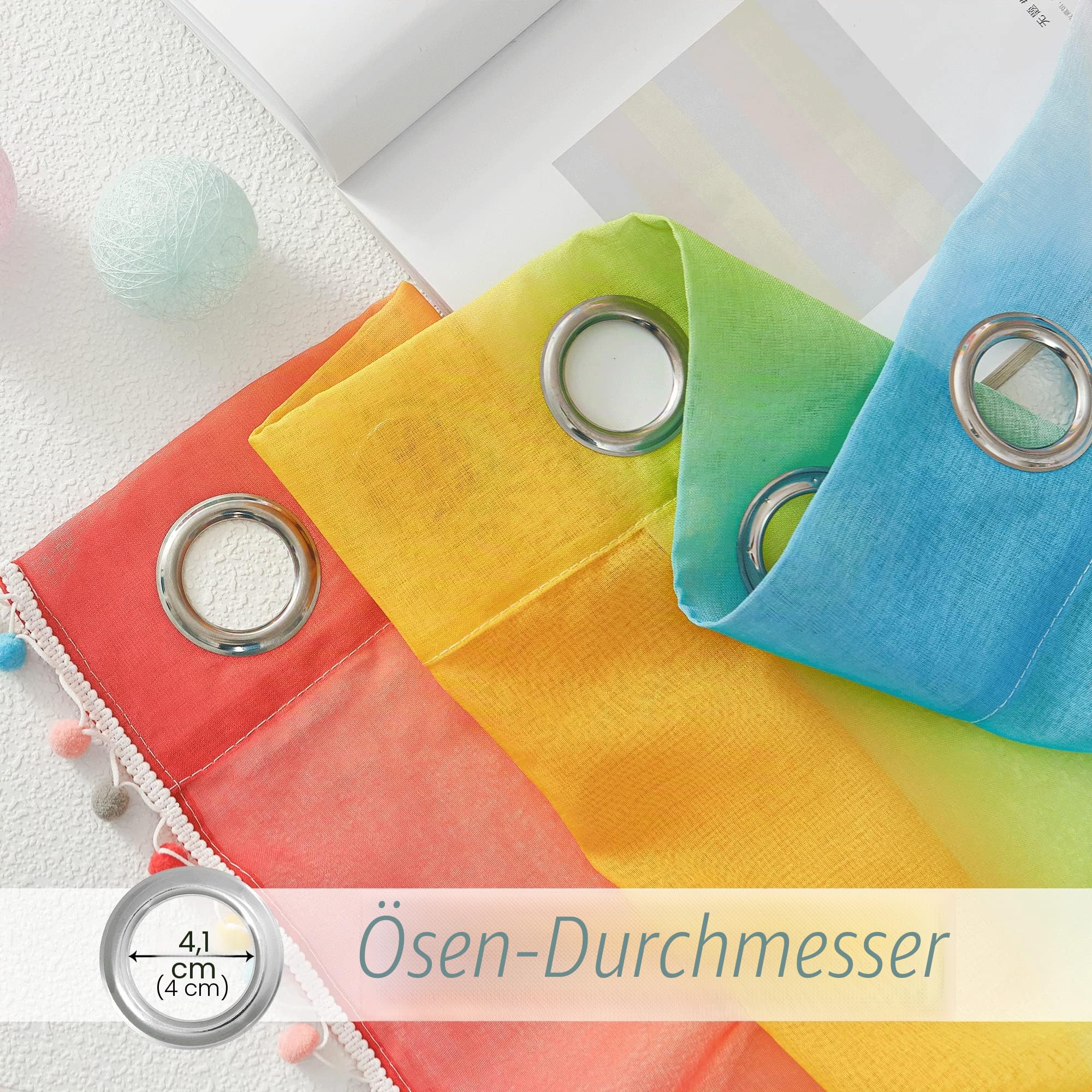 NICETOWN Farbverlauf Gardinen Kinderzimmer Ösenvorhang 2er Set H 160 x B 140 cm Regenbogen Leinenoptik Vorhang Transparent mit Bunten Pompons Dekoration