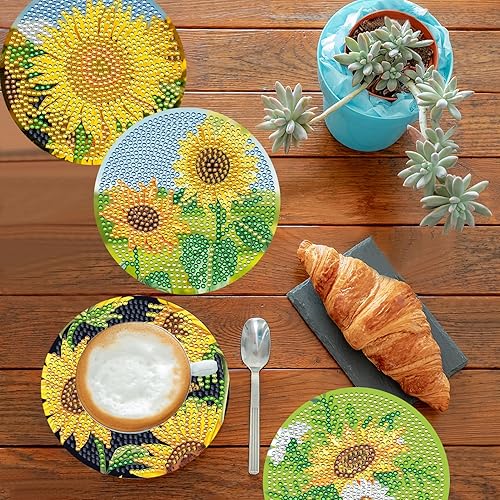 Miniatura 2 de TDOOW 8 Piezas Posavasos de Pintura de Diamante, Posavasos de Arte de Diamante de Girasol para Adultos DIY Posavasos de Arte de Diamante para