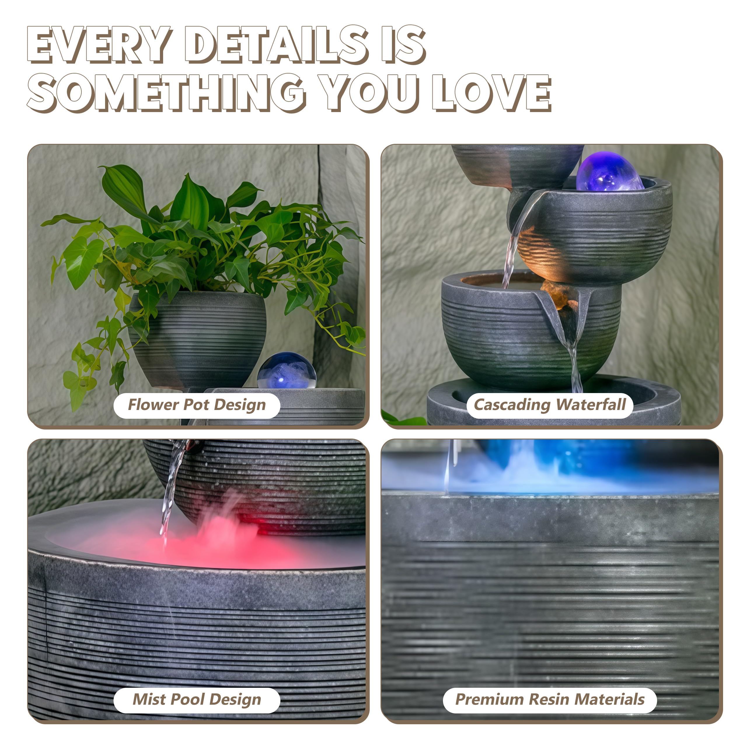 Zimmerbrunnen Wasserfall mit Blumentopf Tischbrunnen Klein | mit Farbwechsel LED Beleuchtung Springbrunnen Kaskade Brunnen-Dekorationen für Wohnzimmer Zimmer Schlafzimmer Büros