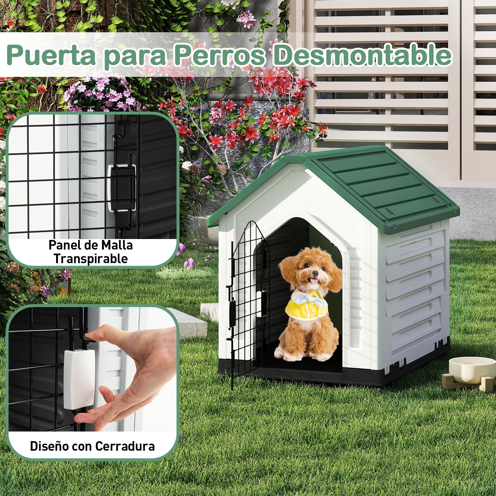 GYMAX Caseta para Perros, Casa de Plástico para Perros con Puerta Metálica Bloqueable, Techo Inclinado, Buena Ventilación, Refugio para Animales Adecuado para Interior, Exterior (Verde)
