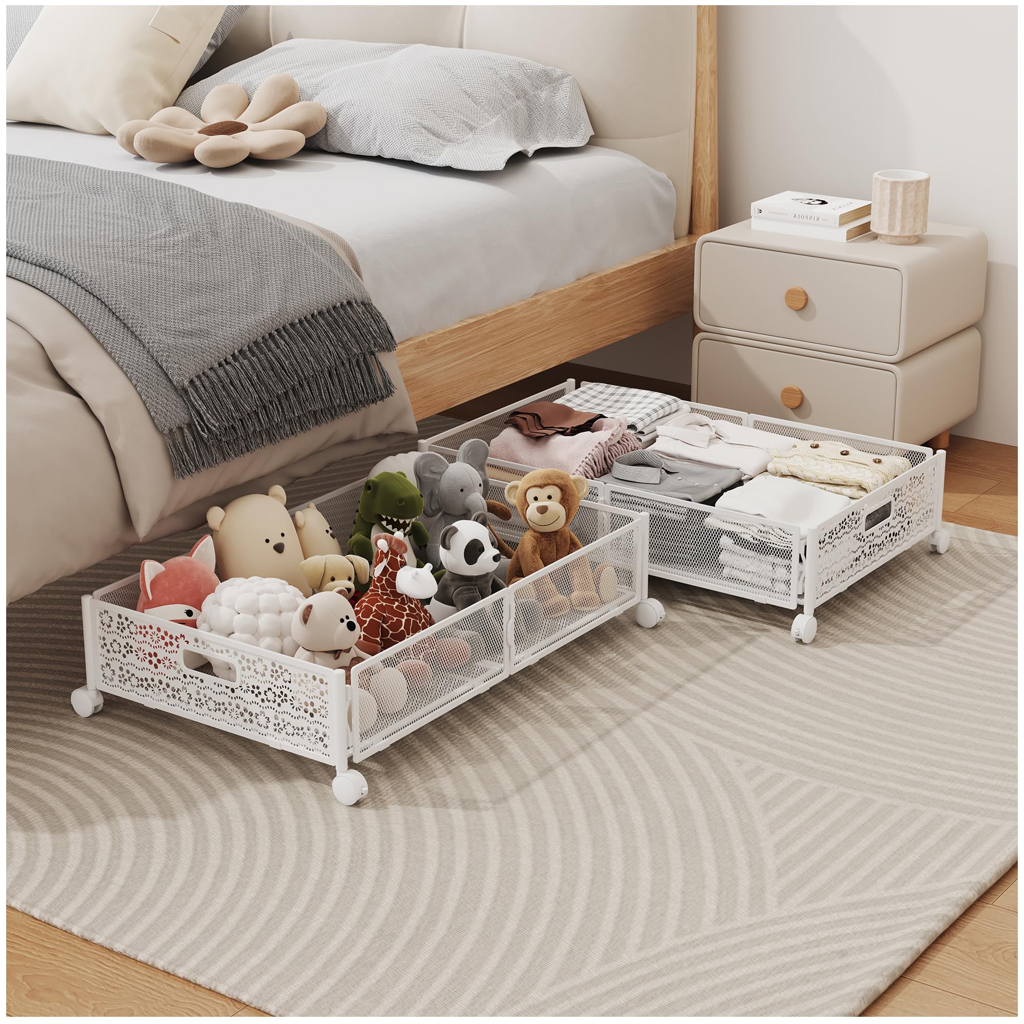 YEEBONIX Under Bed Storage with Wheels, Foldable Pattern Carved Metal Under The Bed Storage, Tool-Free Assembly Under Bed Storage Containers, 60L