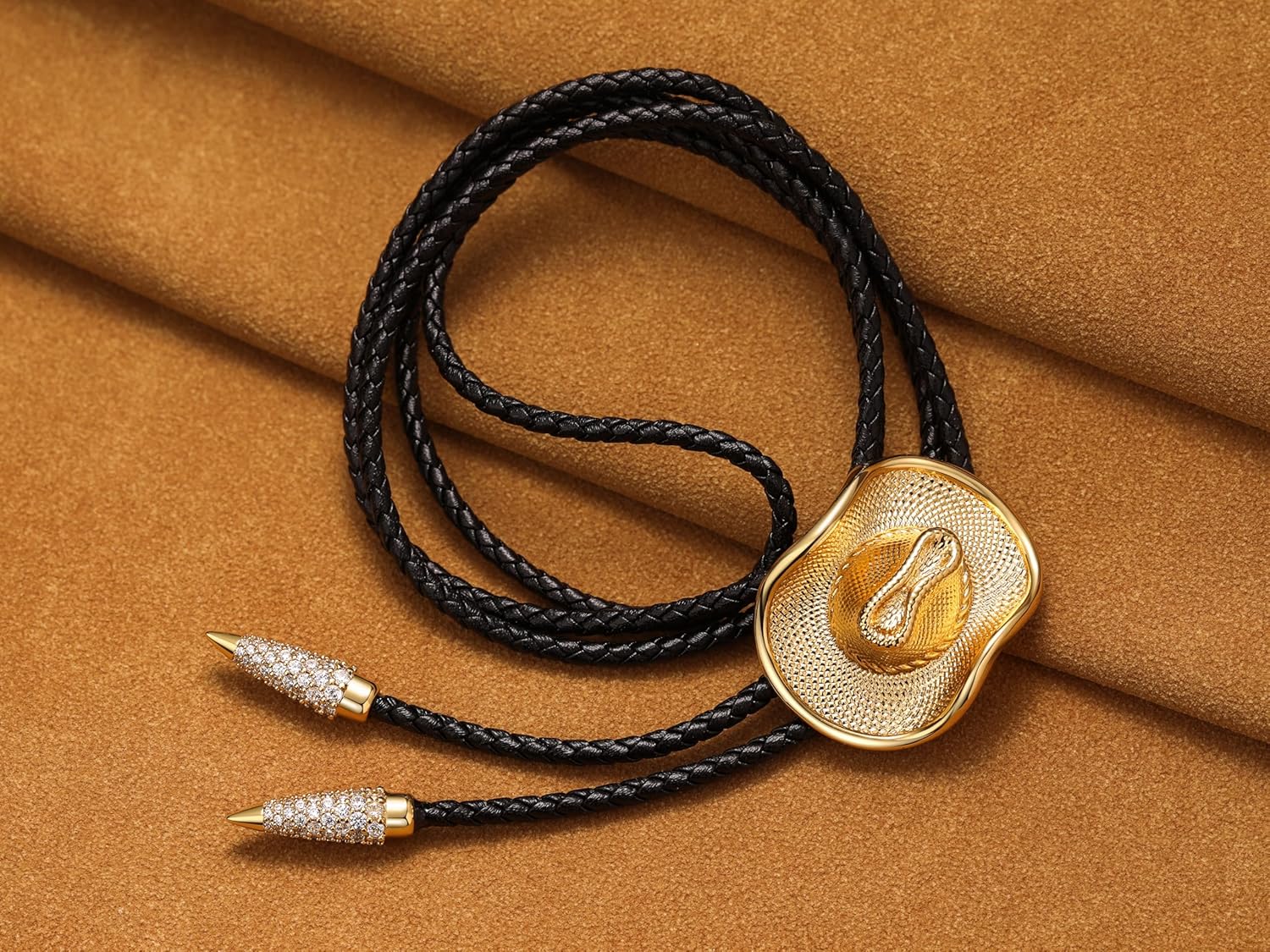 Native American Western Bolo Tie Necklace - Gold Plated Cowboy Adjustable Jewelry Gift for Men & Women