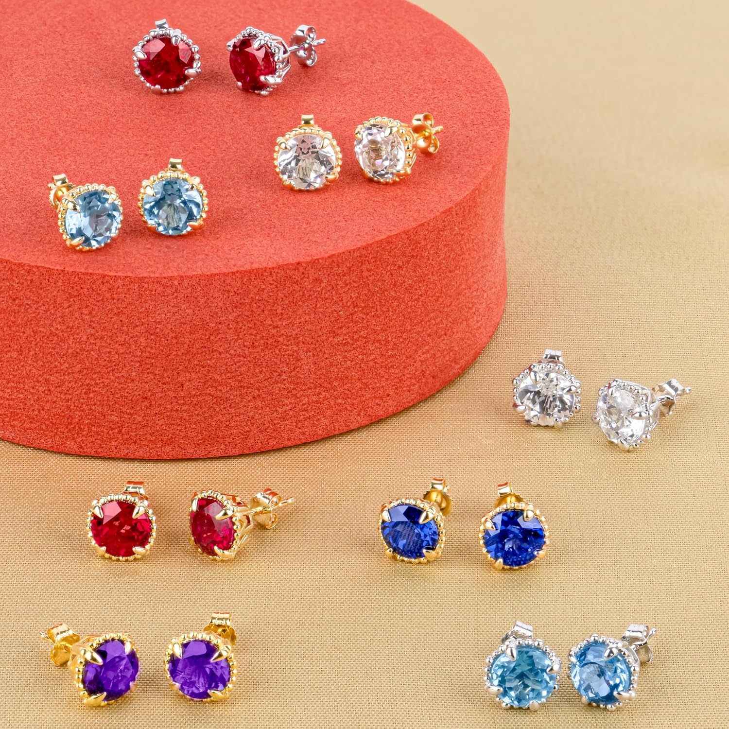 Blue Sapphire Stud Earrings Women 14k Yellow Gold Sapphire Earrings Women September Birthstone Earrings Studs 925 Sterling Silver Lab Created Sapphire Jewelry Women Round Gemstone Set Hypoallergenic