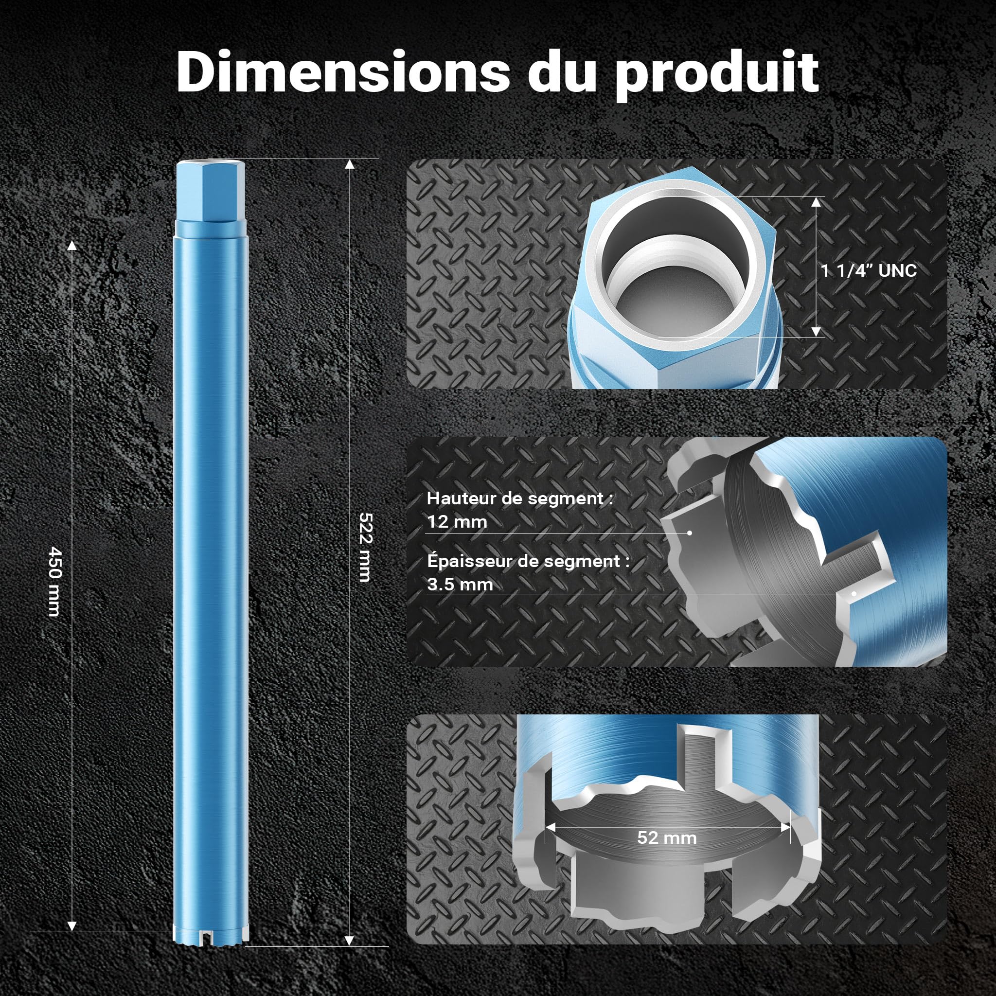 Wiltec Foret diamant pour Carotteuse Ø 52 mm – Rendement moyen – 1¼ UNC – Longueur 450 mm – Métal fritté – Forage à humide – Chantier Carrelage Béton – Trépan Couronne Diamant