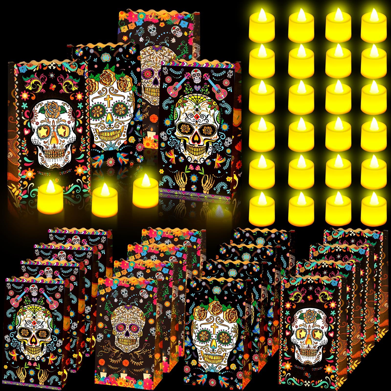 48 Pcs Halloween Day of The Dead Luminary Bags with Flameless Tea Lights 24 Pcs Black Dia de Muertos Flame Resistant Candle Bags 24 Pcs LED Light Candle