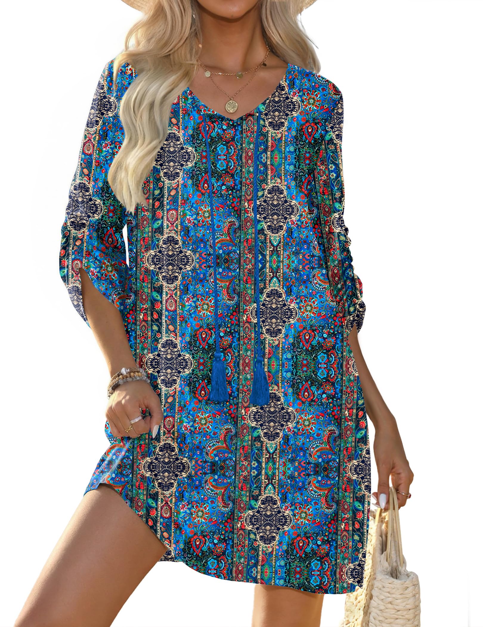 Zeagoo Sommerkleider Damen Kleid Bohemian Blumen 3/4-Arm Tunika Kleid MiniKleid Lose Tunika Freizeitkleid