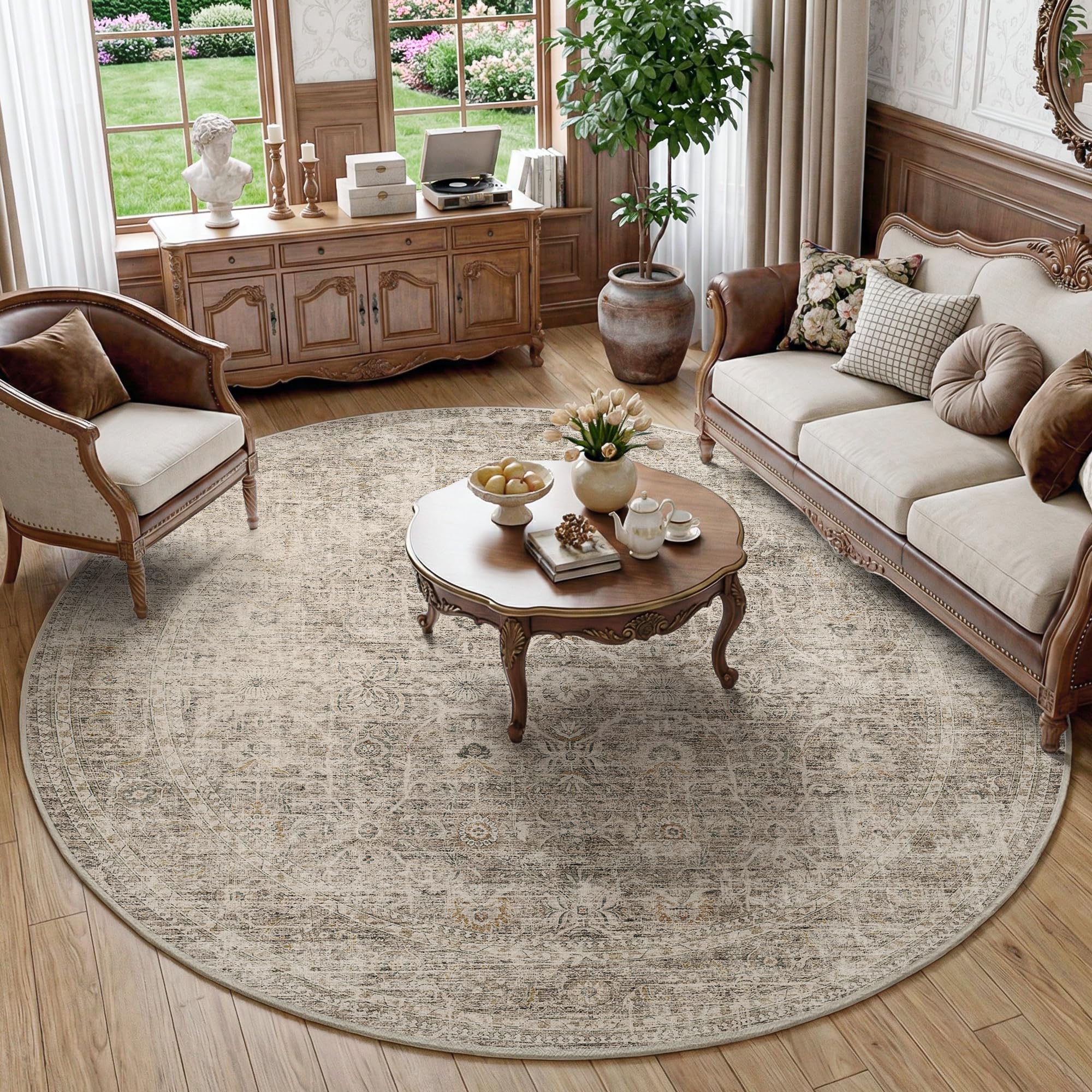 FMFUNCTEX 8ft Round Washable Taupe Vintage Large Area Rug for Living Room