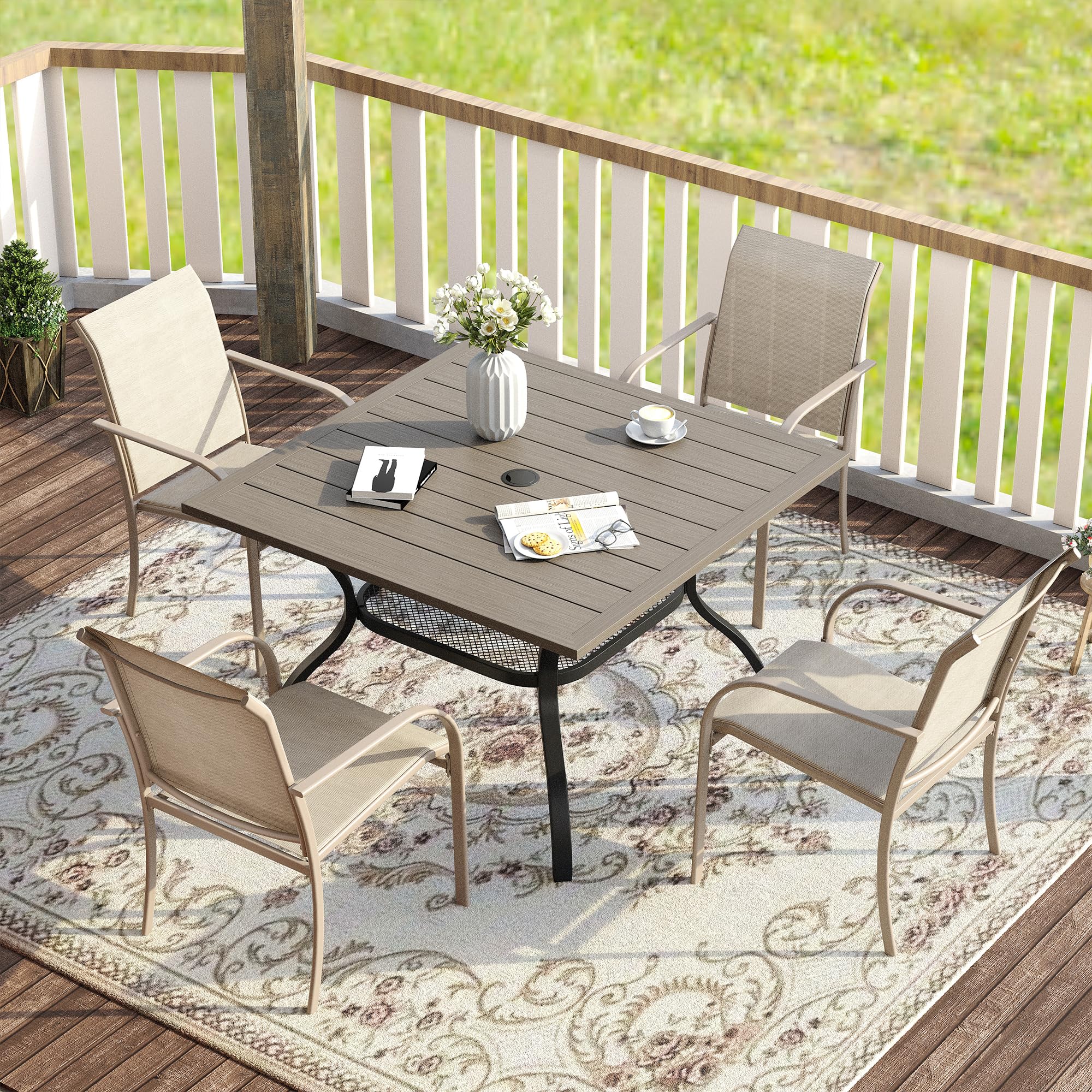 VICLLAX 5 Pieces Patio Dining Set, Outdoor Furniture Set Includes 37.8" Square Outdoor Table and 4 Stackable Patio Sling Chairs, Grey Wood-Like
