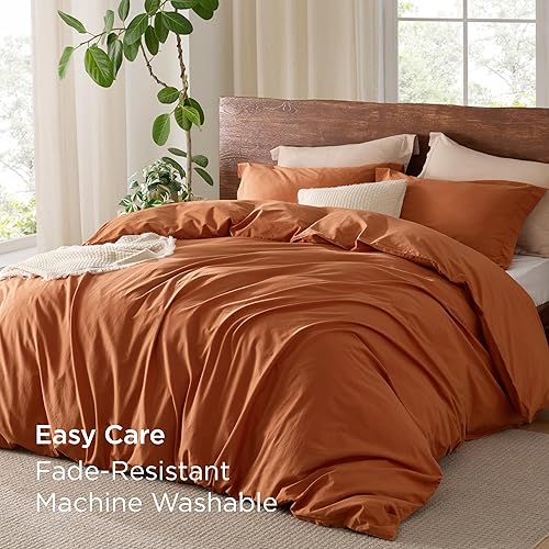 Miniatura 9 de Bedsure Juego de funda de edredón 100% algodón lavado, tamaño Queen, juego de funda de edredón minimalista de algodón terracota, similar al lino,