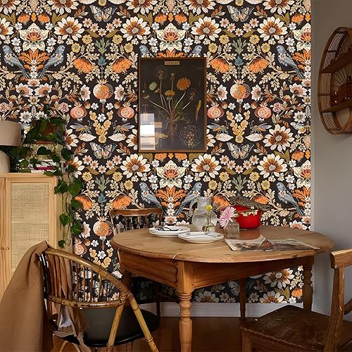 Miniatura 4 de Papel tapiz floral para despegar y pegar, papel de pared bohemio extraíble, impermeable, papel de contacto con pájaros oscuros para dormitorio,