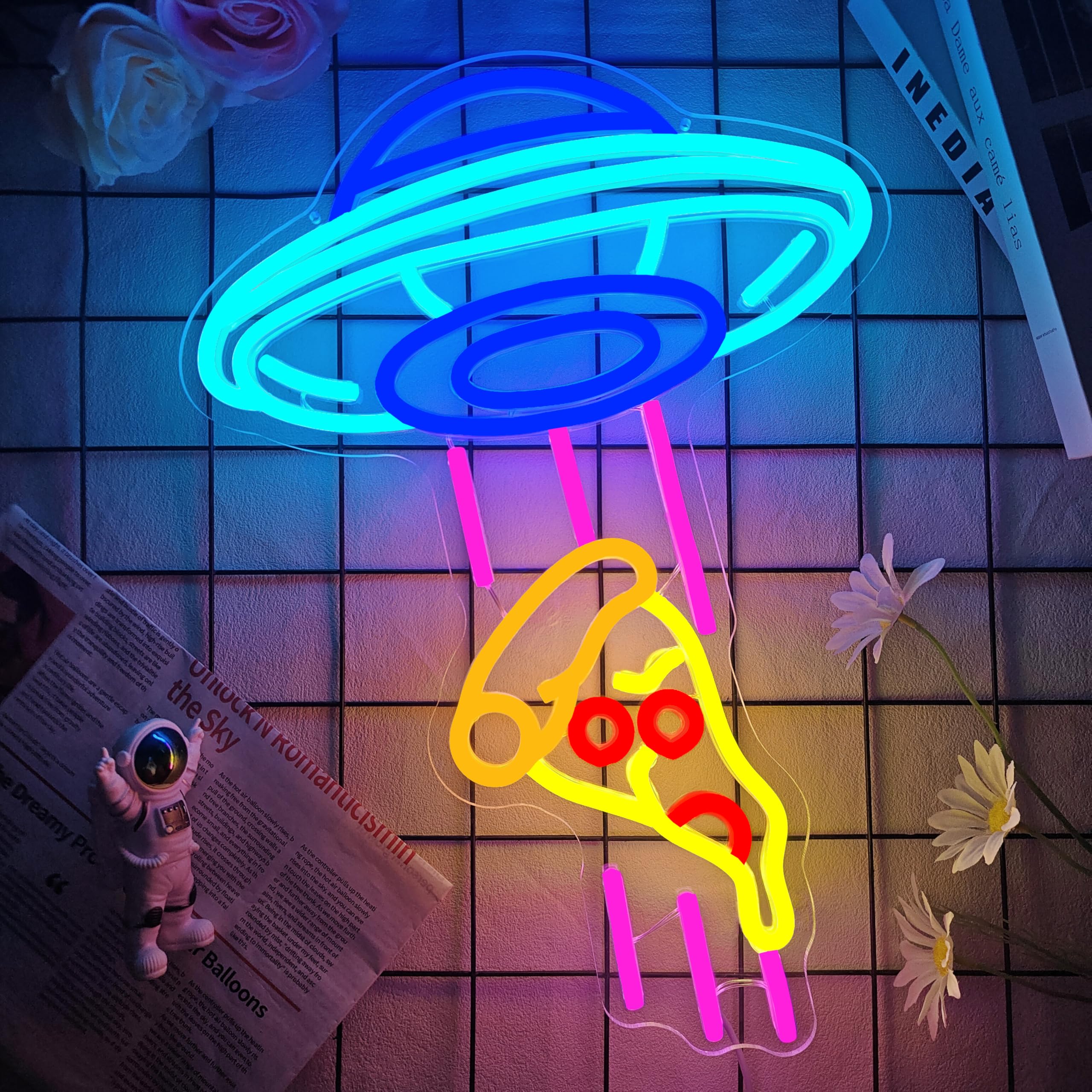 UFO Pizza Neonowa dekoracja ścienna z możliwością przyciemniania, neonowy znak LED, do pizzy, dla miłośników jedzenia, dekoracja ścienna USB, do sypialni, baru