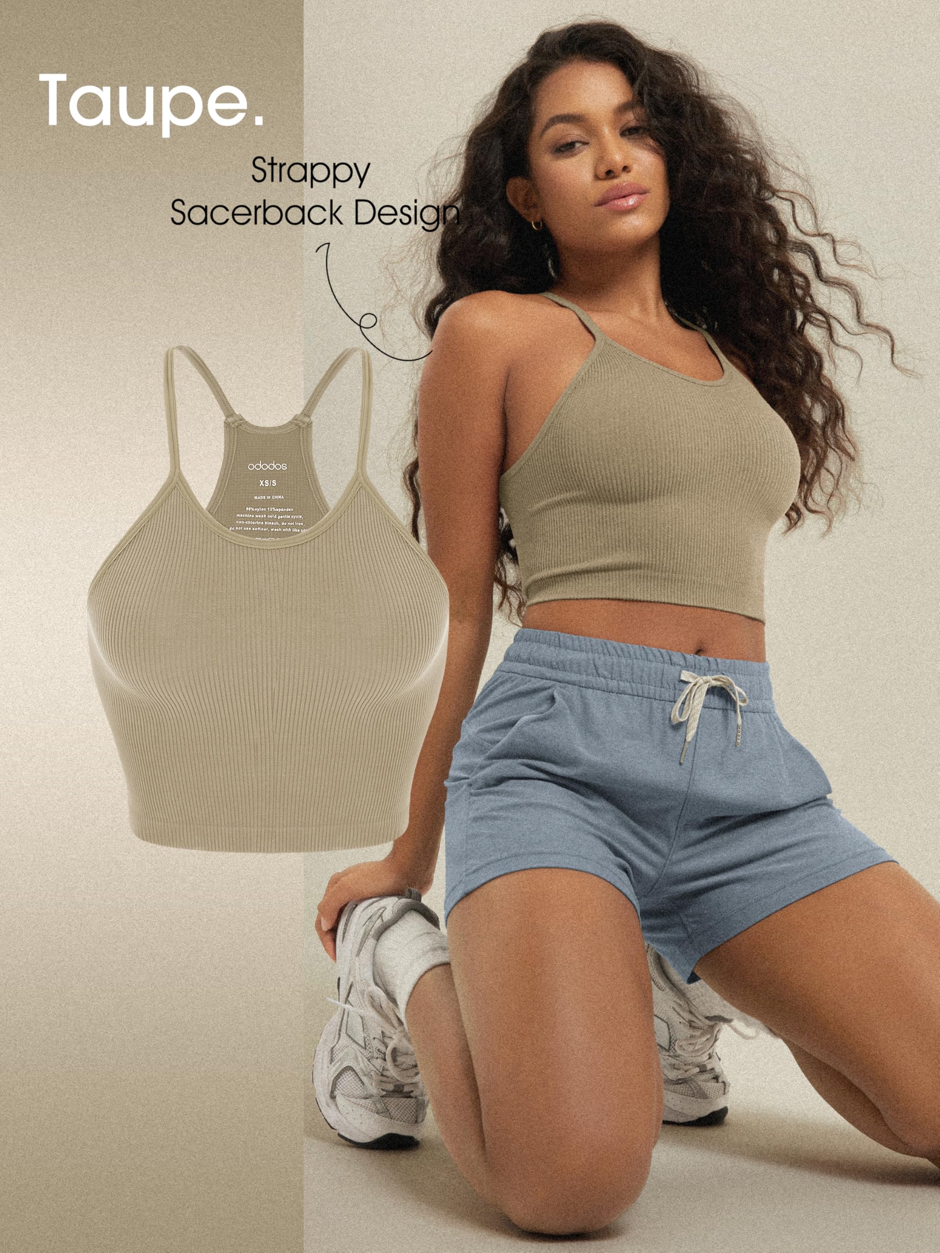 ODODOS Women's Crop 3-Pack Seamless Rib-Knit Camisole Crop Tank Tops