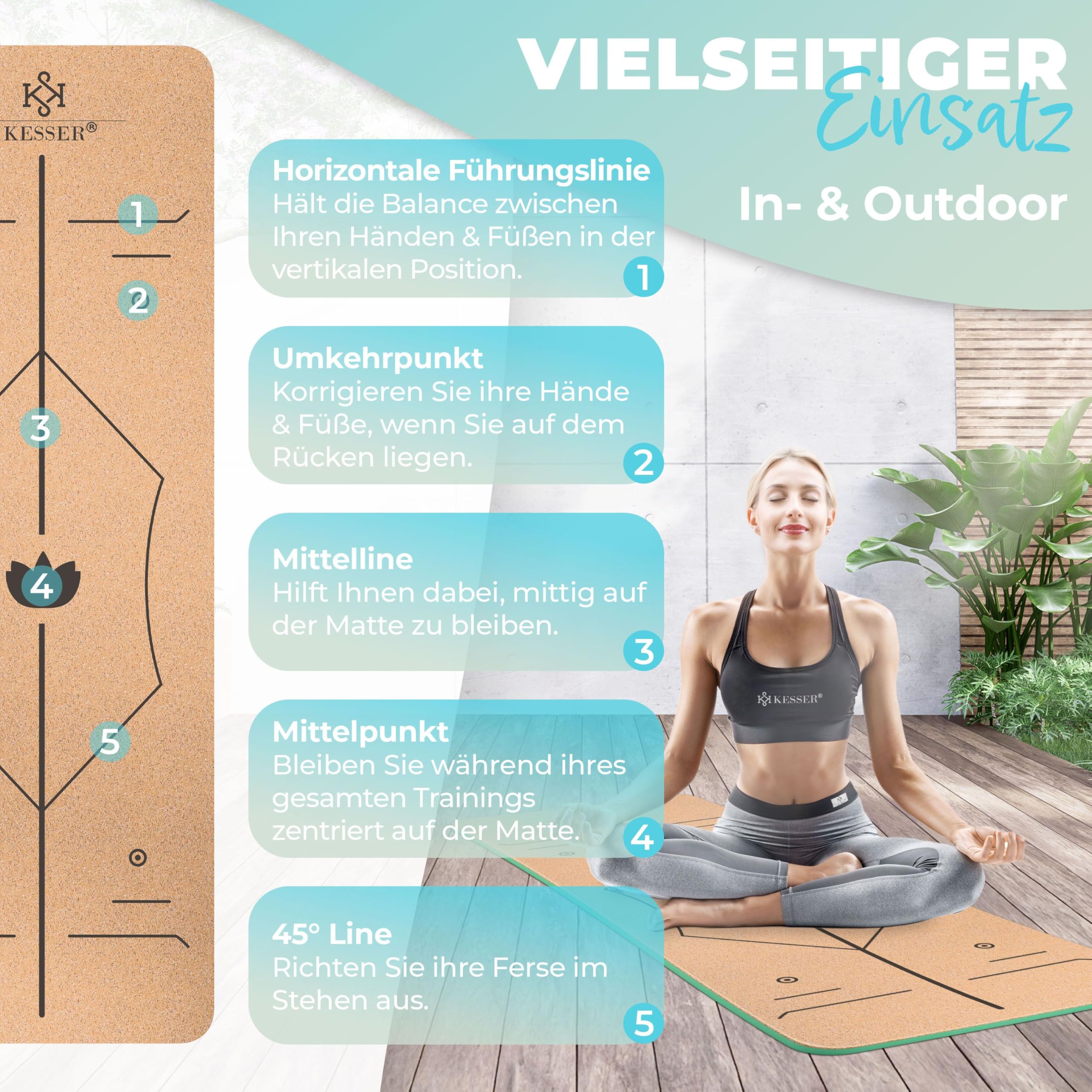 KESSER® Yogamatte Kork Inkl. Tragegurt Tasche & Block Gymnastikmatte - Matte rutschfest aus Naturkautschuk TPE Fitnessmatte, 183 x 62 Trainingsmatte für Fitness Sportmatte, Gymnastik extradick