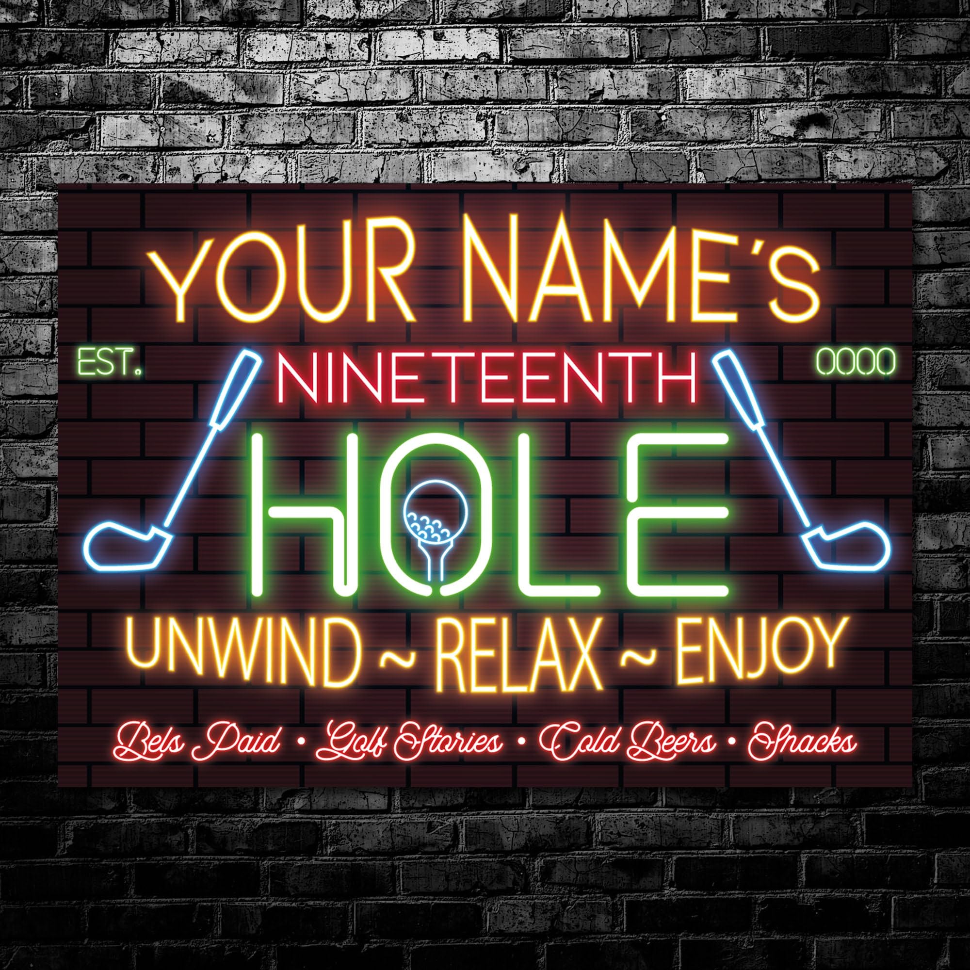 My Pixel Print Metal Personalised 19Th Hole Golf Club Neon Effect Golfers Welcome Customised Wall Decor Gift Plaque