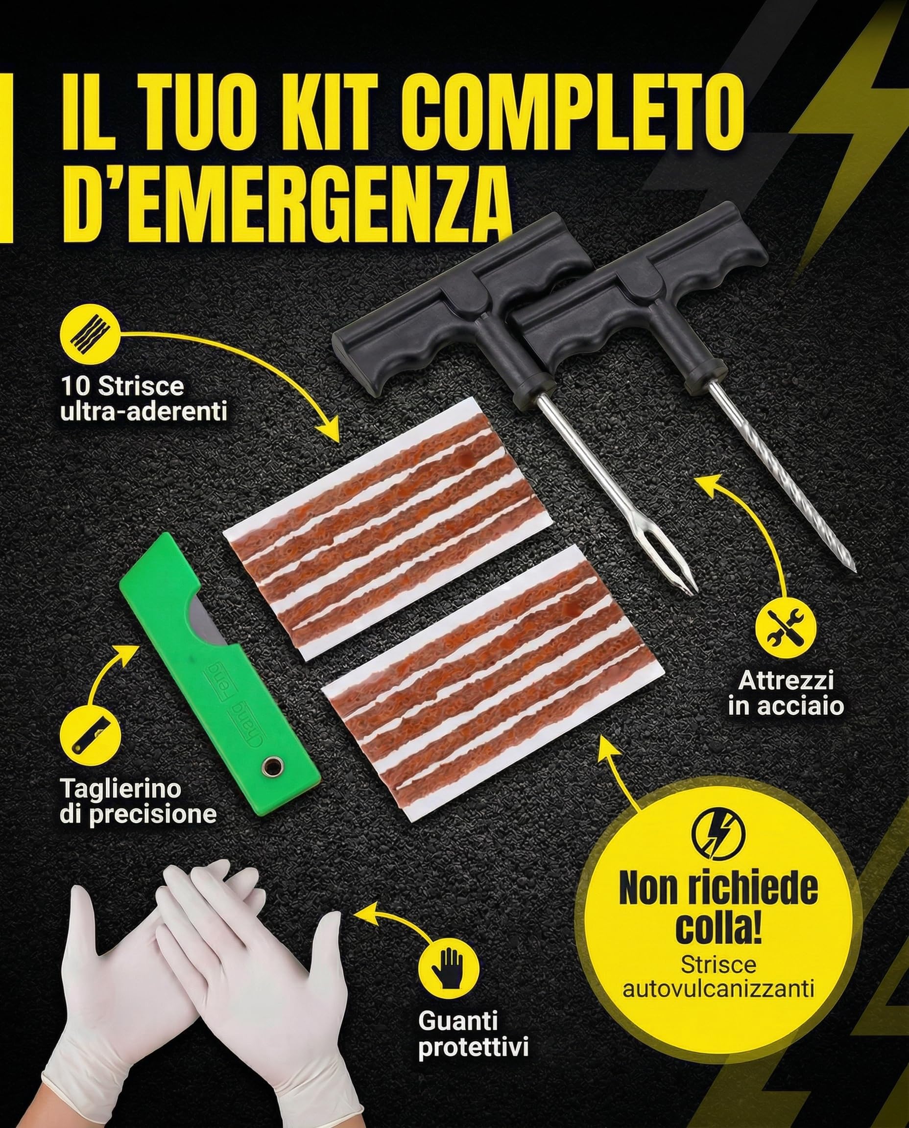 Kit Riparazione Pneumatici Auto - Kit Foratura Moto - Pronto in 15 Minuti - Include 10 Tasselli, 2 Attrezzi a T, Guanti e Taglierino - Kit Rparazione Gomme - 1 unità