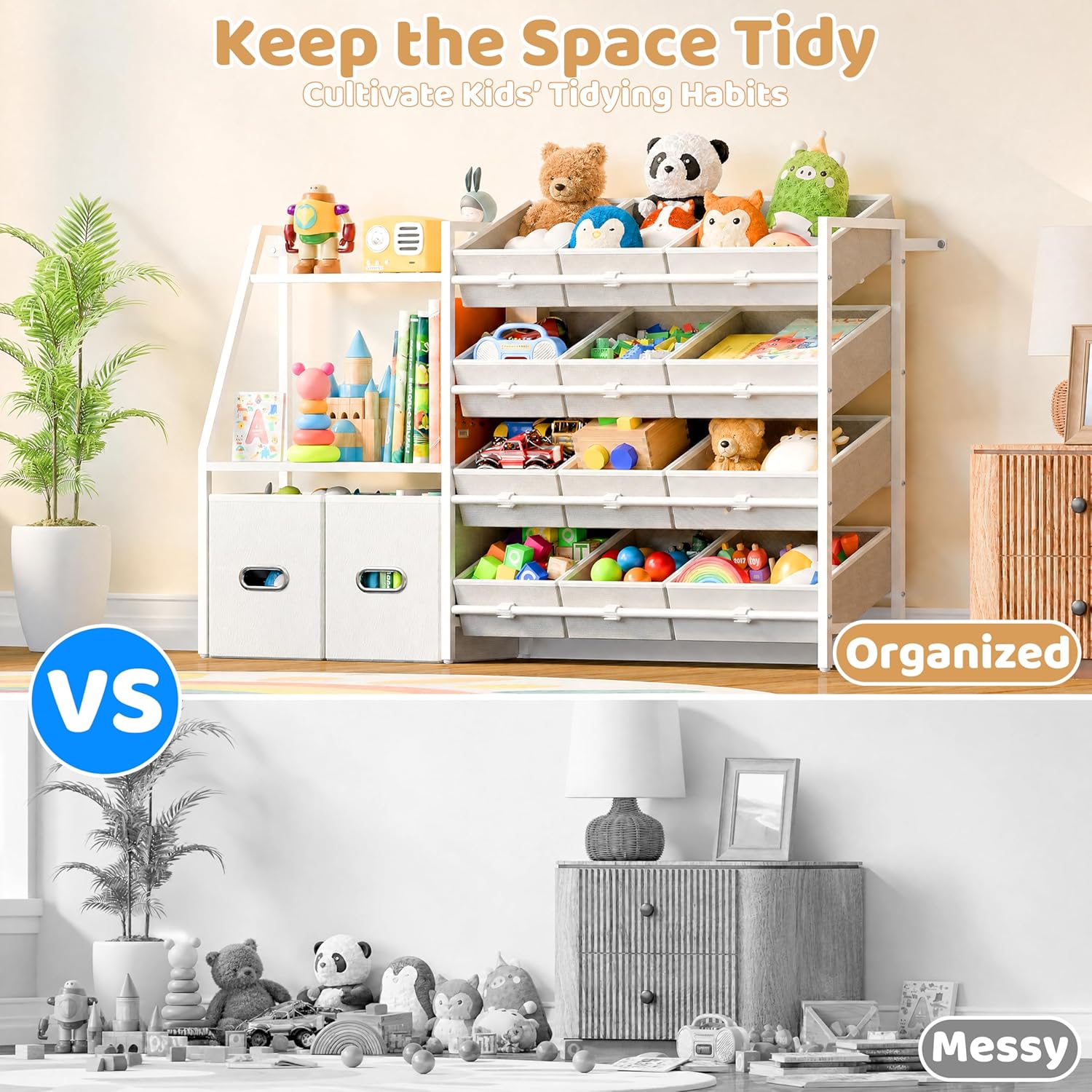 CODACE Kids Toy Storage Organizer - Toy Storage Shelf for Toddlers with 12 Removable Fabric Bins & 2 Boxes & 2-Tier Bookshelves, Organization for Playroom & Bedroom & Nursery, Anti-Tip Design, White