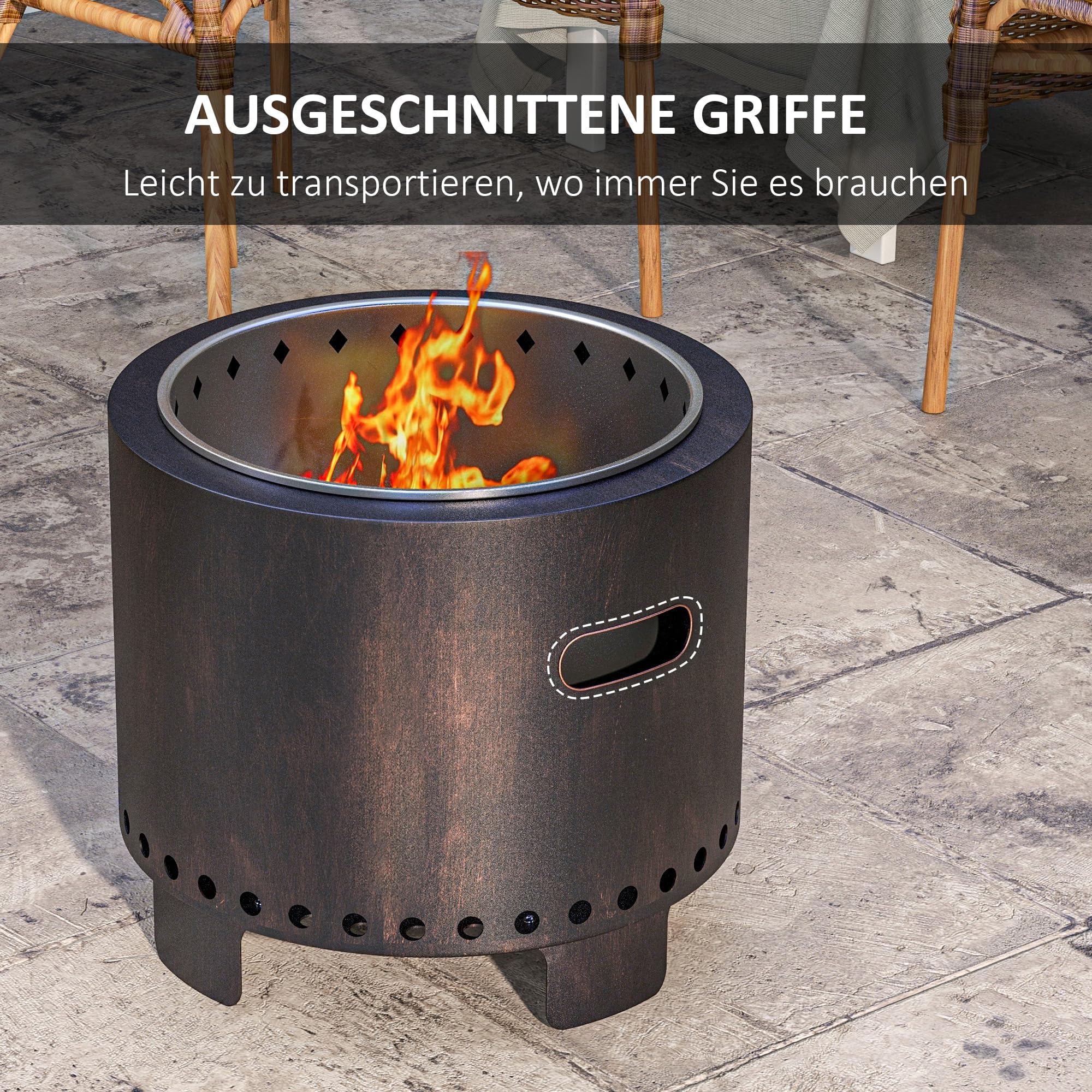Outsunny Feuerschale Rauchfreier Tischfeuer mit Griff Ø45 cm Schwarz | Schürhaken, Feuerkorb, Feuerstelle, für Garten, Camping, Terrasse, Metall