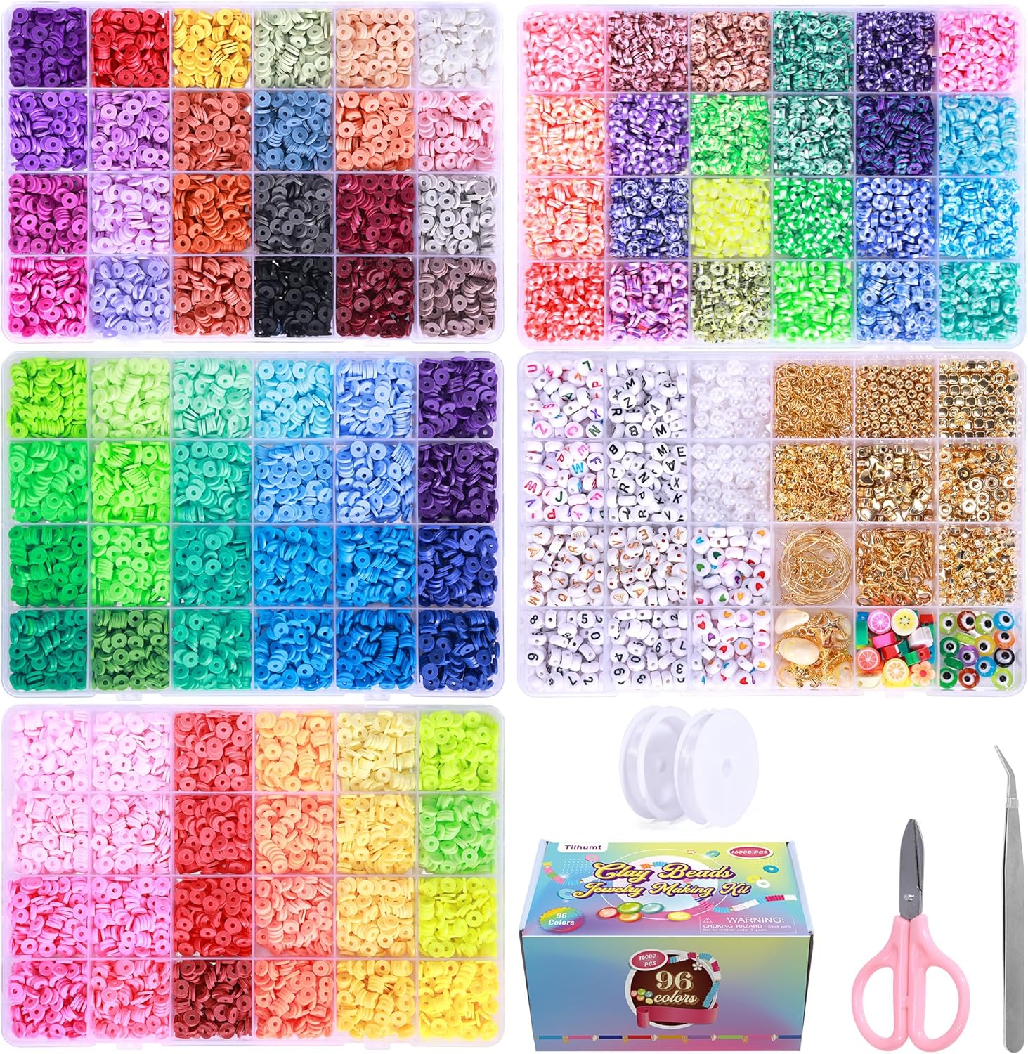 Tilhumt Clay Beads Bracelet Making Kit for Adult, 16000 Pcs 96 Colors Preppy Flat Polymer Clay Beads for Friendship Jewelry Making Polymer Heishi Bead with Charms Kit, Gifts for Art and Craft Lovers