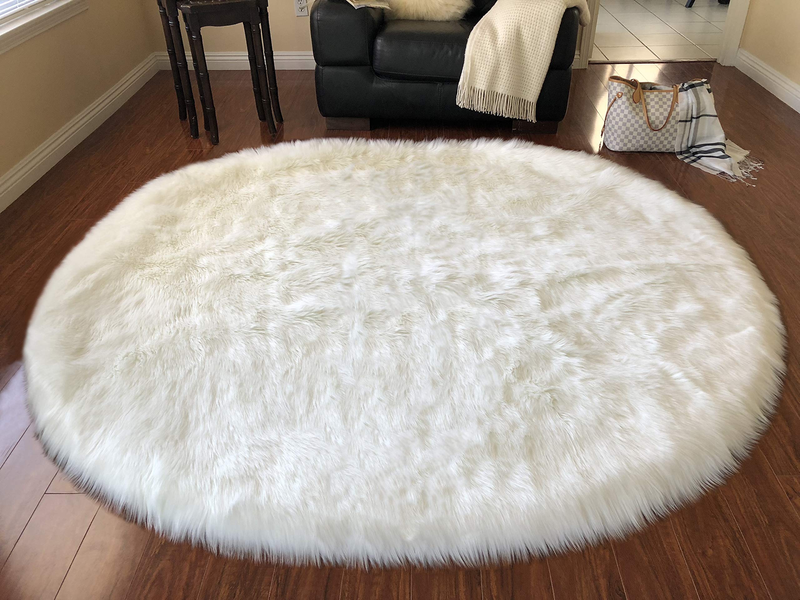 LAMBZY Faux Sheepskin Hypoallergenic Oval Silky Shag Rug, Luxury Shaggy Silky Plush Carpet for Bedrooms Rugs Living Room Kids Rooms Sofa Floor Rugs(5'x8',150x240 cm, White)