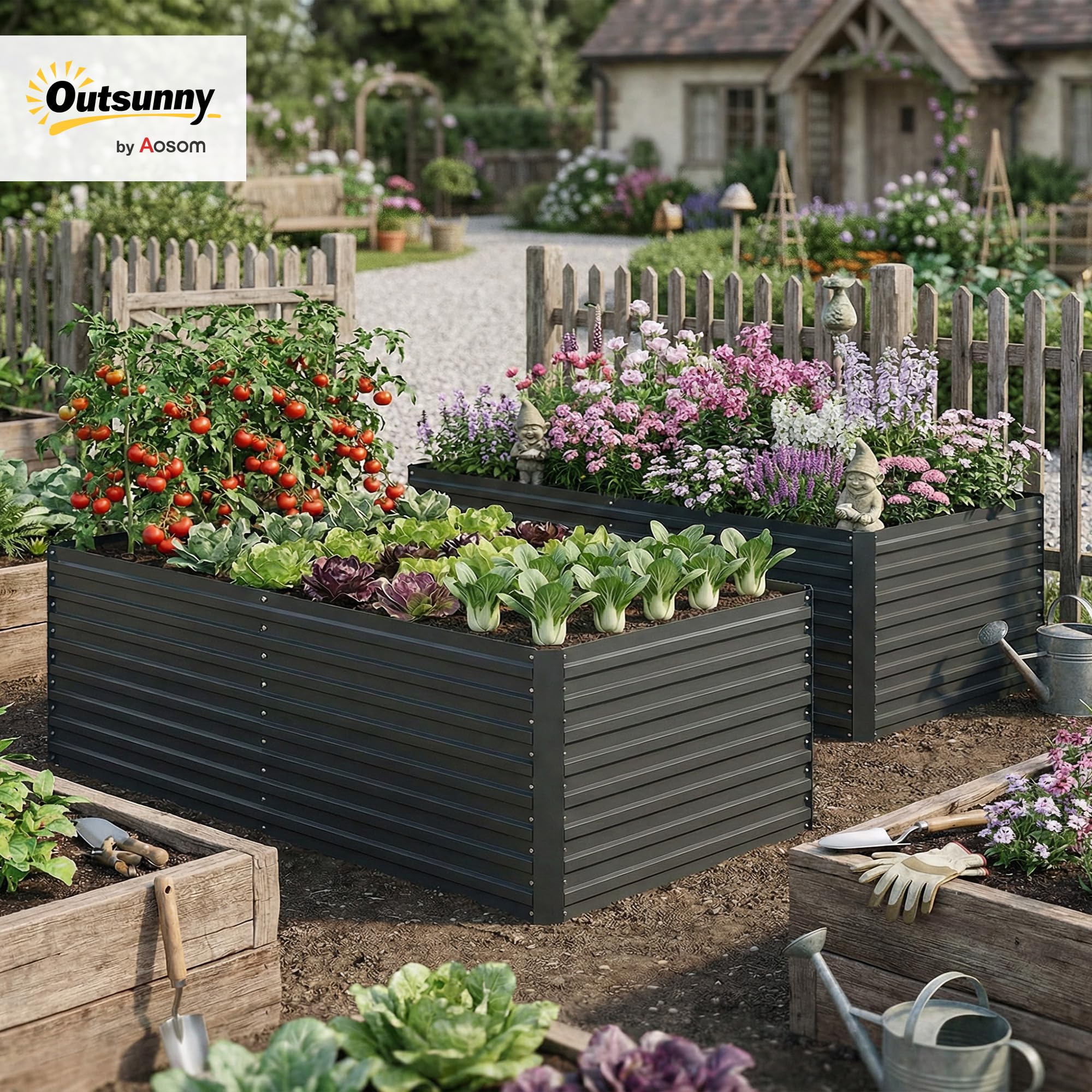Outsunny Set of 2 Galvanised Raised Garden Bed, 6 x 3 x 2 ft Metal Garden Bed with Safe Edging, Outdoor Elevated Planter Box for Vegetables, Flowers, Herbs, Dark Grey - 2
