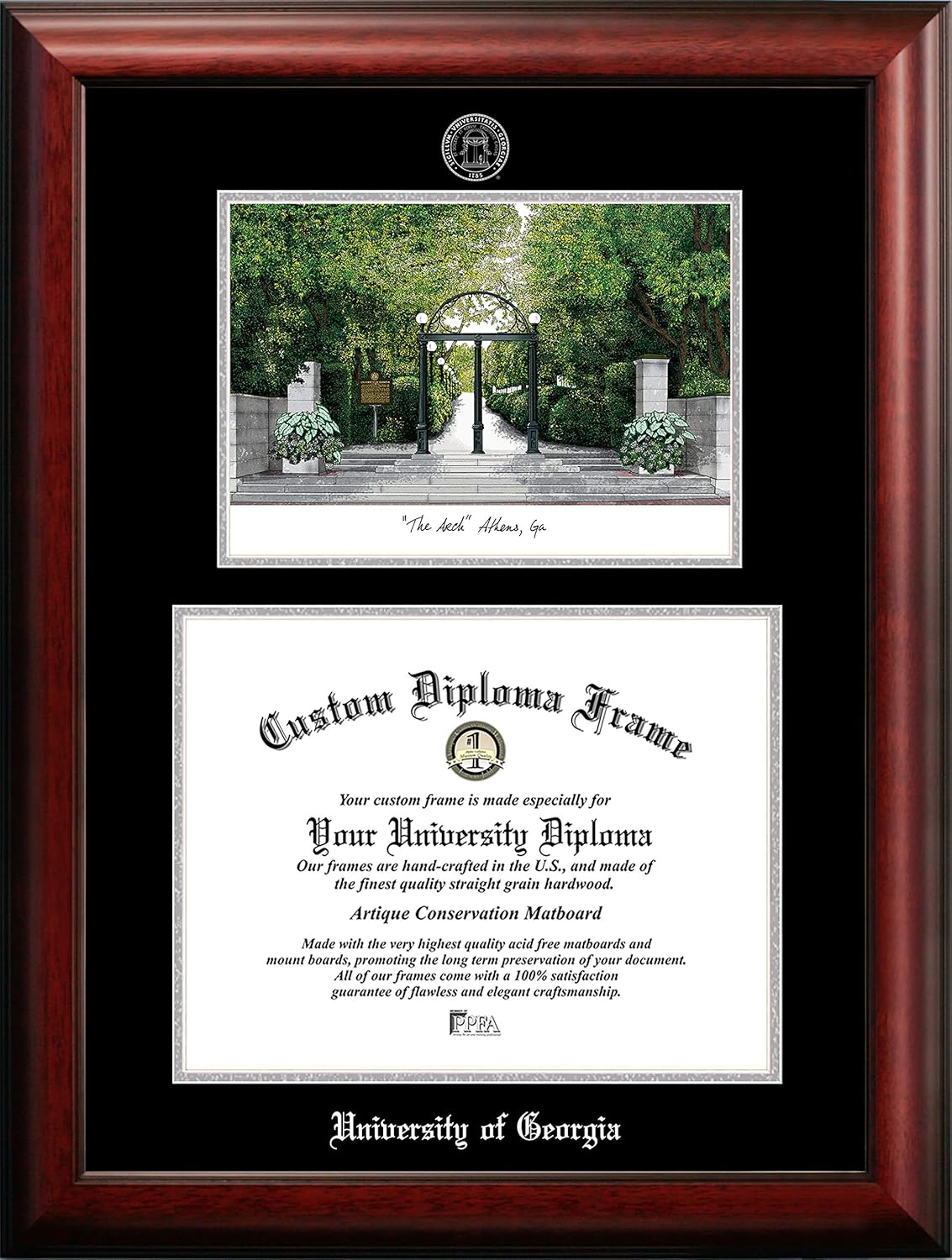 Campus Images University of Georgia Diploma Frame 15w x 12h Satin Mahogany with Silver Foil Seal – University of Georgia Landmark Lithograph, Black & Silver