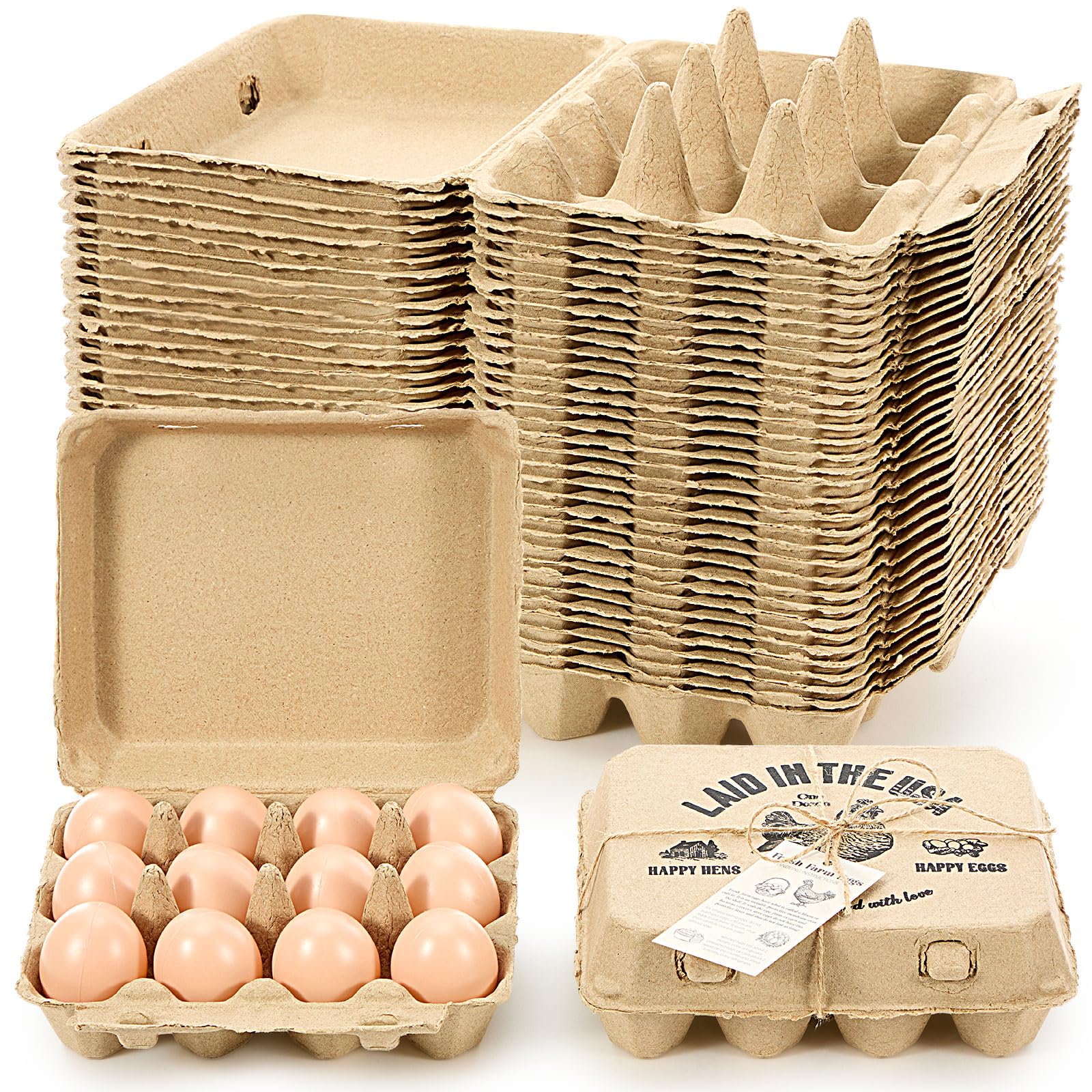 Maxdot Confezione da 36 cartoni per uova sfusi stile 3x4 per uova in cartone realizzati in pasta di carta con carte di istruzioni e corda di iuta, vassoio vuoto per uova per fattoria familiare
