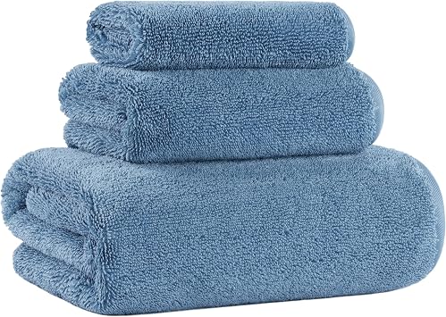 MICROFI Ring Spun Terry Microfiber Bath Towel Set, 3 Piece, Oversize, Quick Dry, Lint Free, Includes Bath, face, and Hand Towels Blue