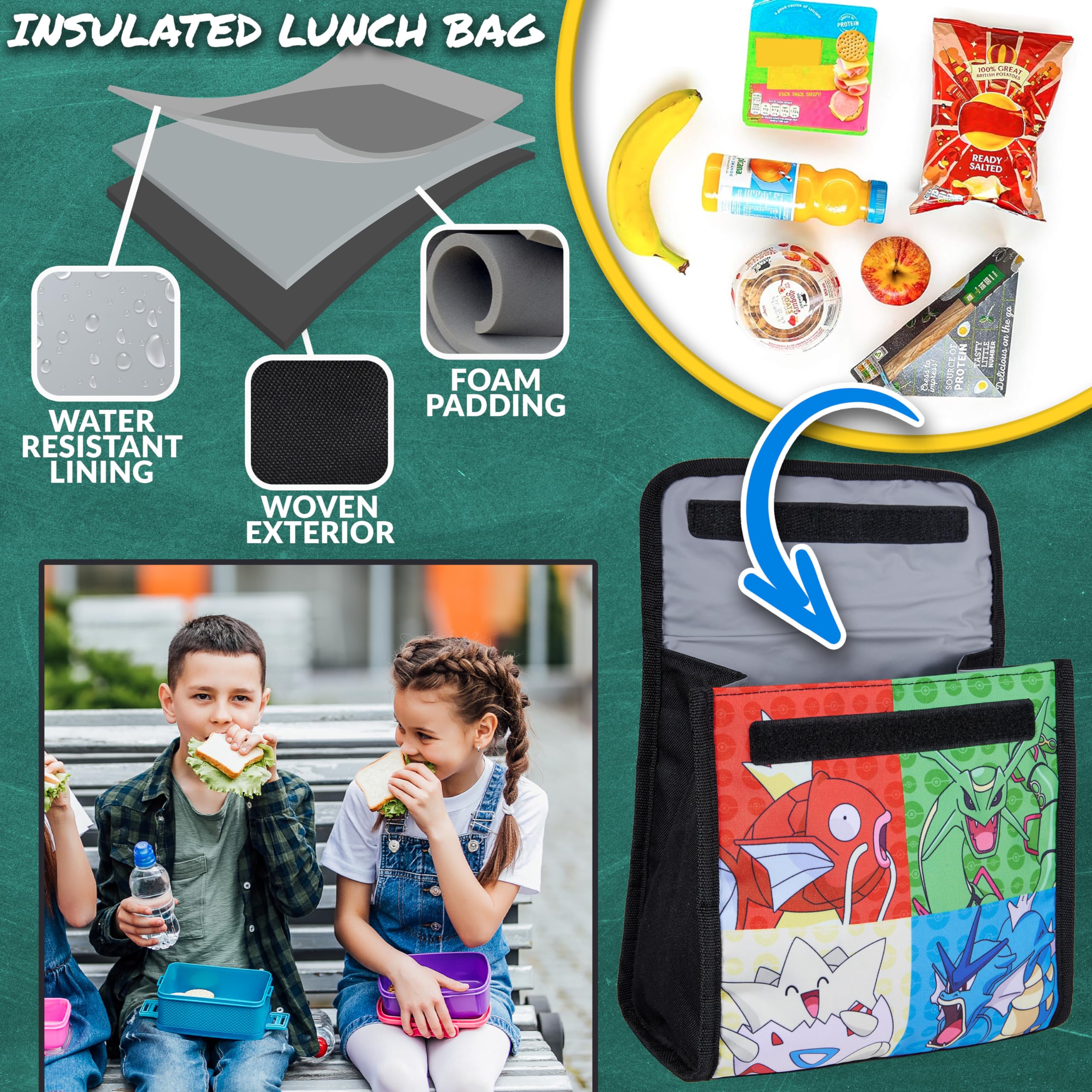 Pokémon Sacs à Dos pour Enfant Set 4 Pc Bouteille d'eau Sac a Dos Trousse Sac à Lunch Isotherme ou Portefeuille Anime Fournitures Scolaires (Multi/Noir Ensemble de 4 Pièces)