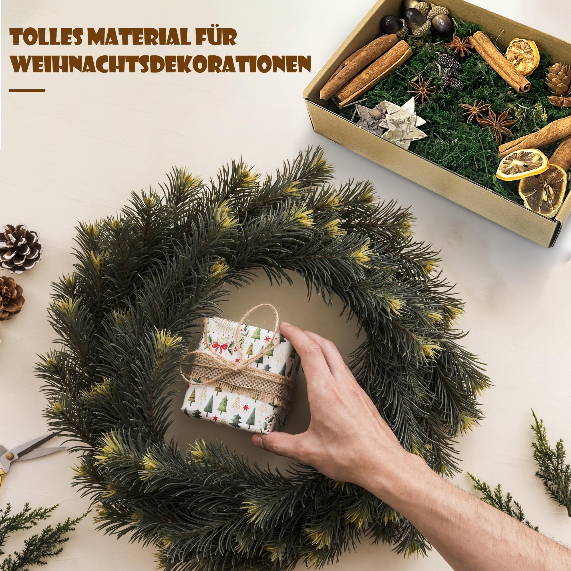 57 Stück Weihnachtskranz Deko, Adventskranz Deko, Potpourri Weihnachten, Adventskranz Bastelset mit Tannenzapfen, Eicheln, Getrocknete Orangenscheiben, Birkensternen, Dunkelgrün Moos, Sternanis (A)