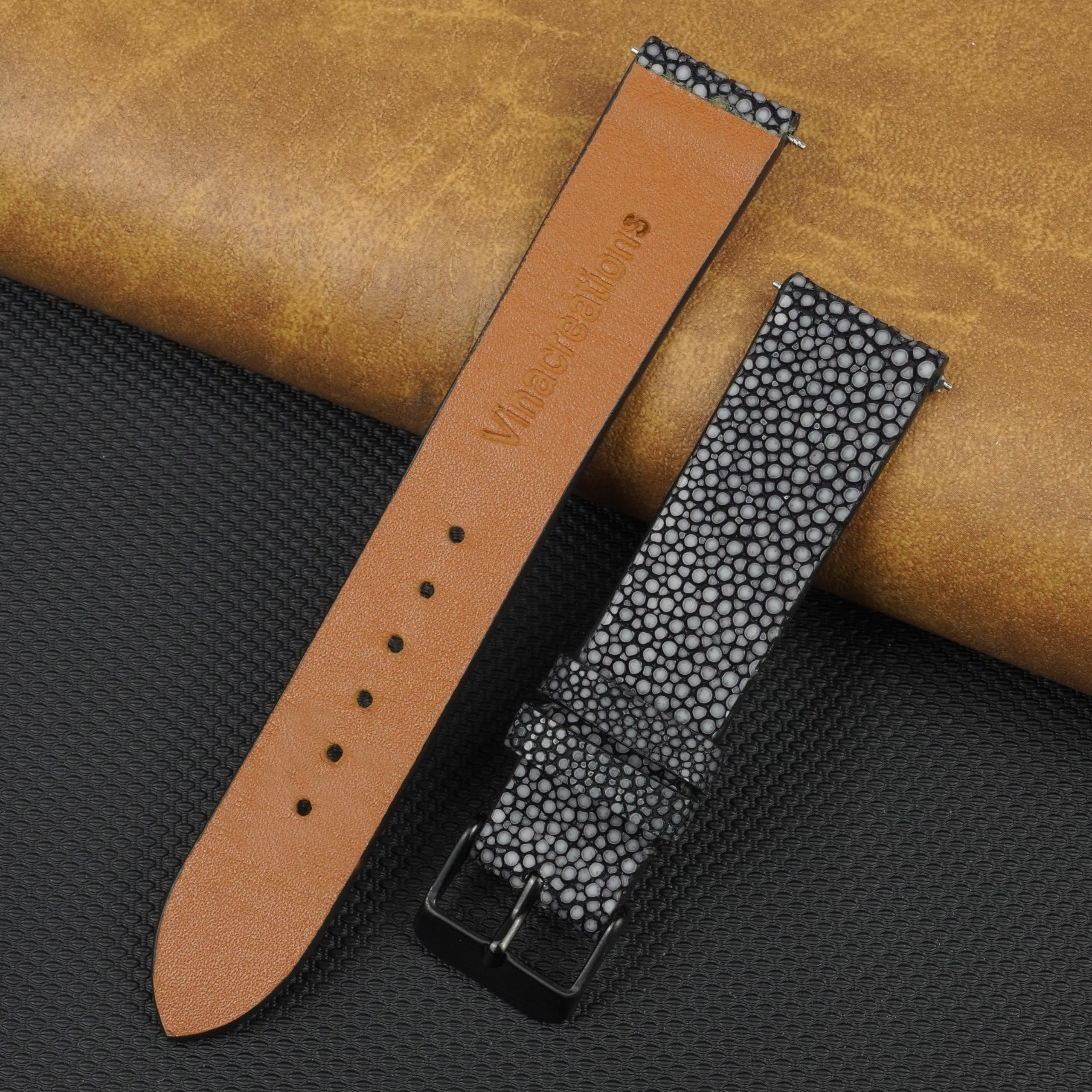 vinacreations 19mm Black Thin Stingray Watch Band Men Slim Exotic Leather Watch Strap Flat Vintage Wristwatch Band Handmade Replacement Strap Extra Soft Valentine's Gift for Him Her DH-NO-60B-19MM