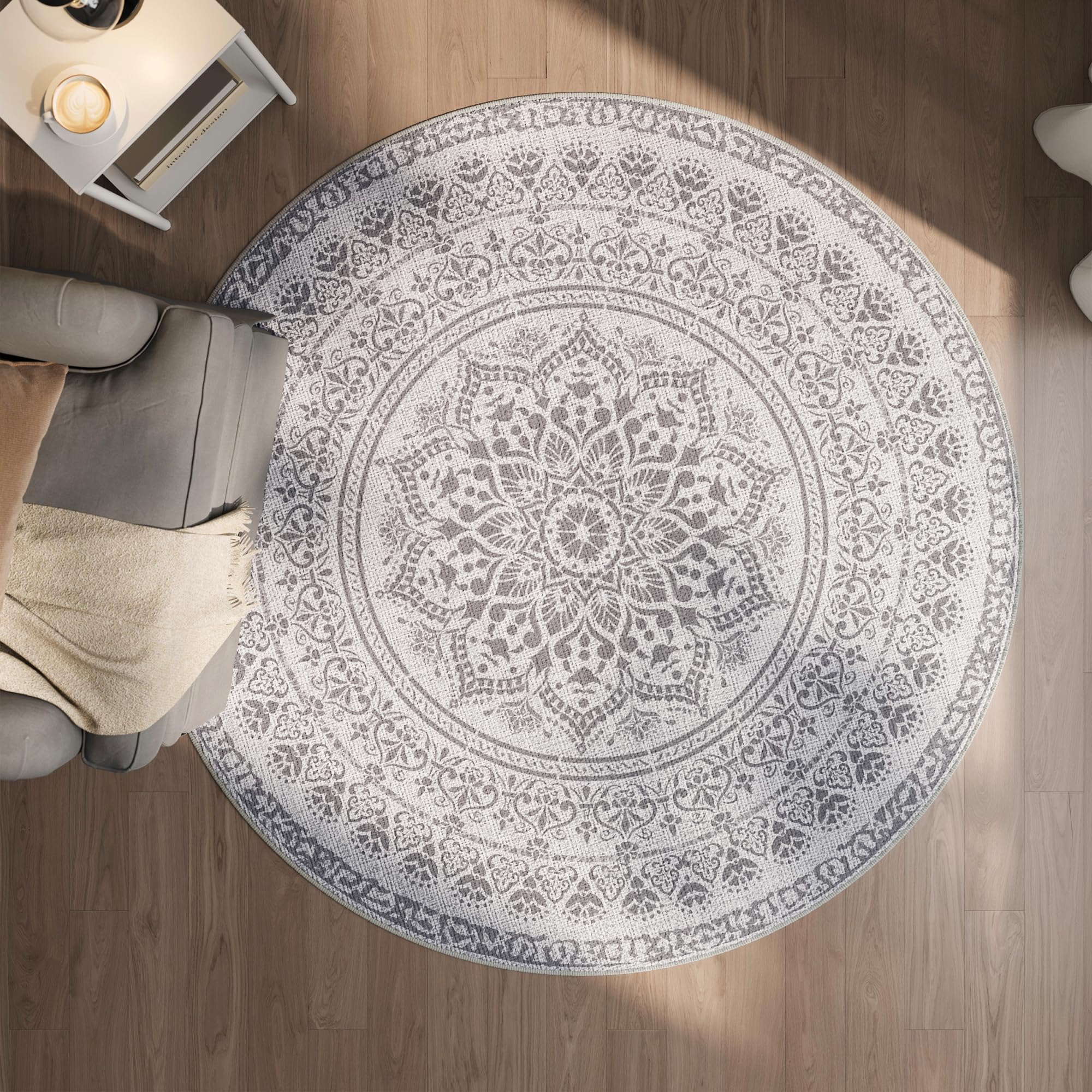 SONGMICS Teppich rund, Outdoor Teppich, Boho, 160 cm d, waschbar, rutschfest, Floral Vintage, für Wohnzimmer, Esszimmer, Schlafzimmer, Optik, Garten, Terrasse, Balkon, Taubengrau TAR052G01